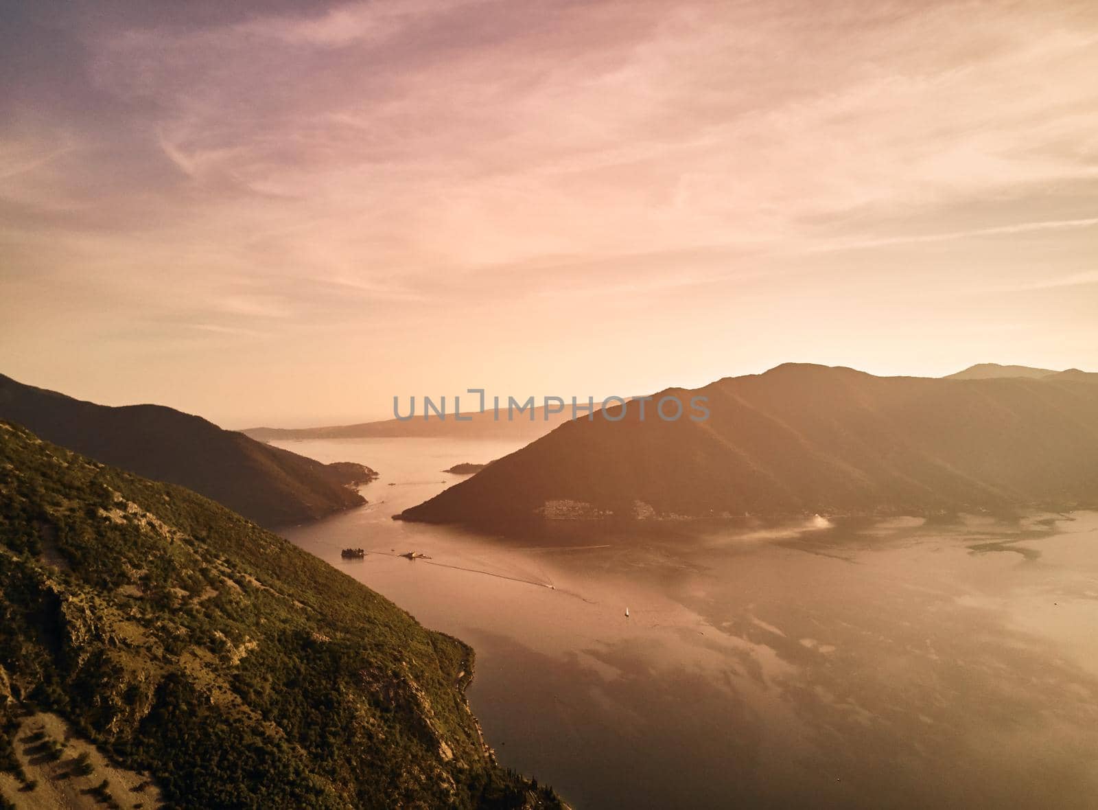 Montenegro. Sunset in the Bay of Kotor. The view from the top. Adriatic sea. Photography on drone.