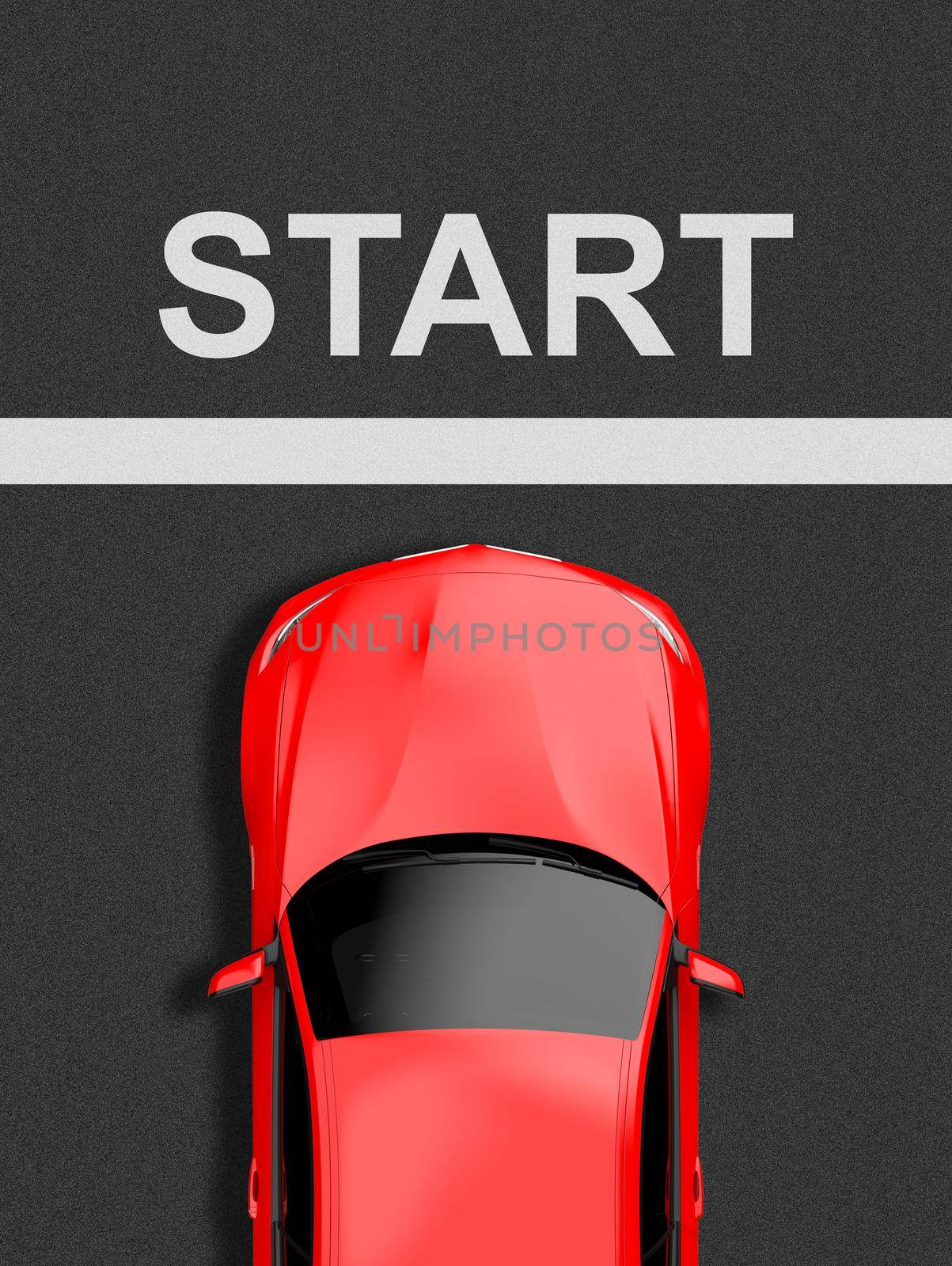 Top of a modern generic brandless car on the start background: 3D illustration