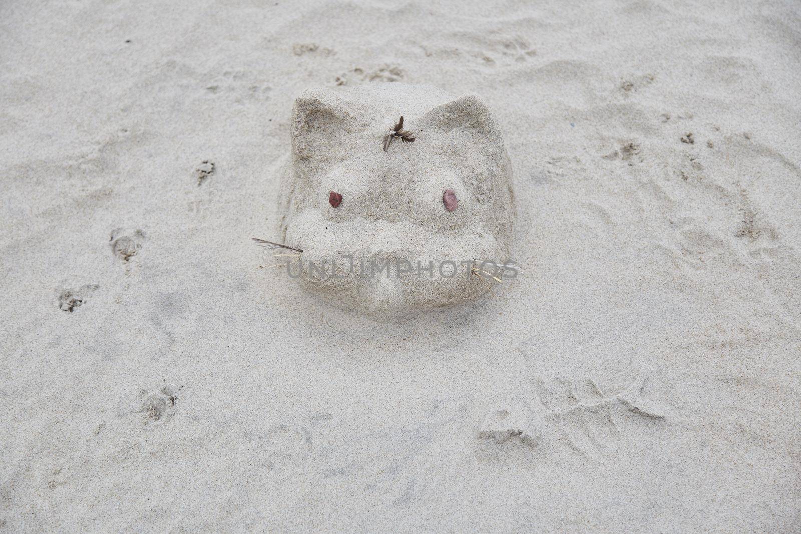 Sand sculpture of a cat on the beach.