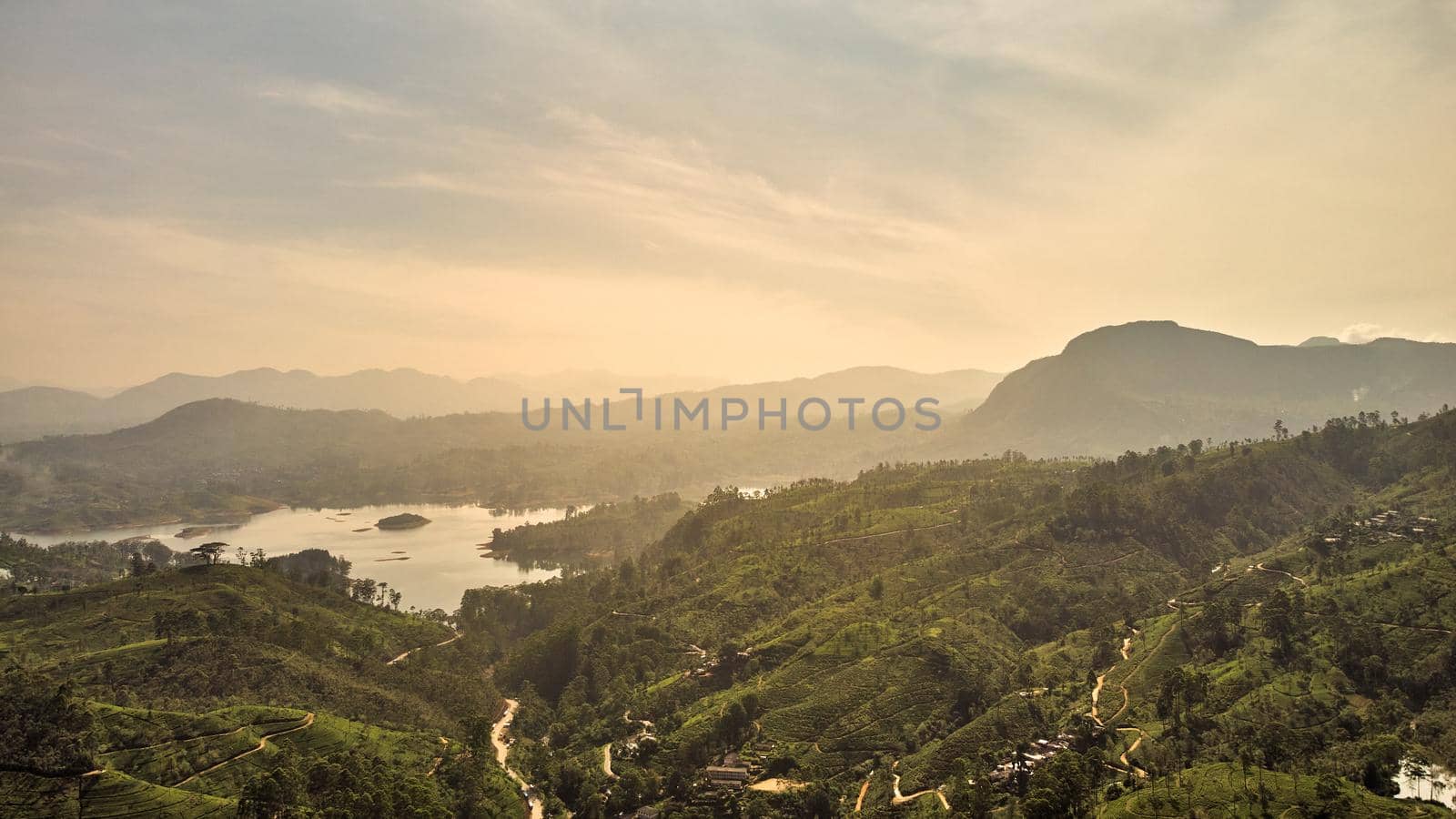 Aerial view of tea plantations in Sri Lanka. View from Adam's Peak to Dalhousie village, tea plantations, lakes. High quality photo