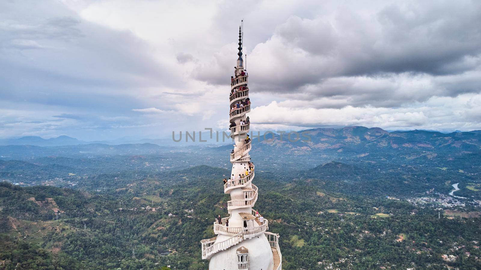 Gampola, Sri Lanka - 02.15.2022: Aerial view of Ambuluwawa tower in central Sri Lanka. Tower near the town of Gampola