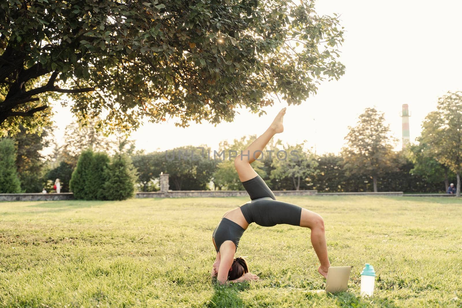 Fit girl doing gymnastics online with a laptop on the green grass in the park. Sports lifestyle. by Rabizo