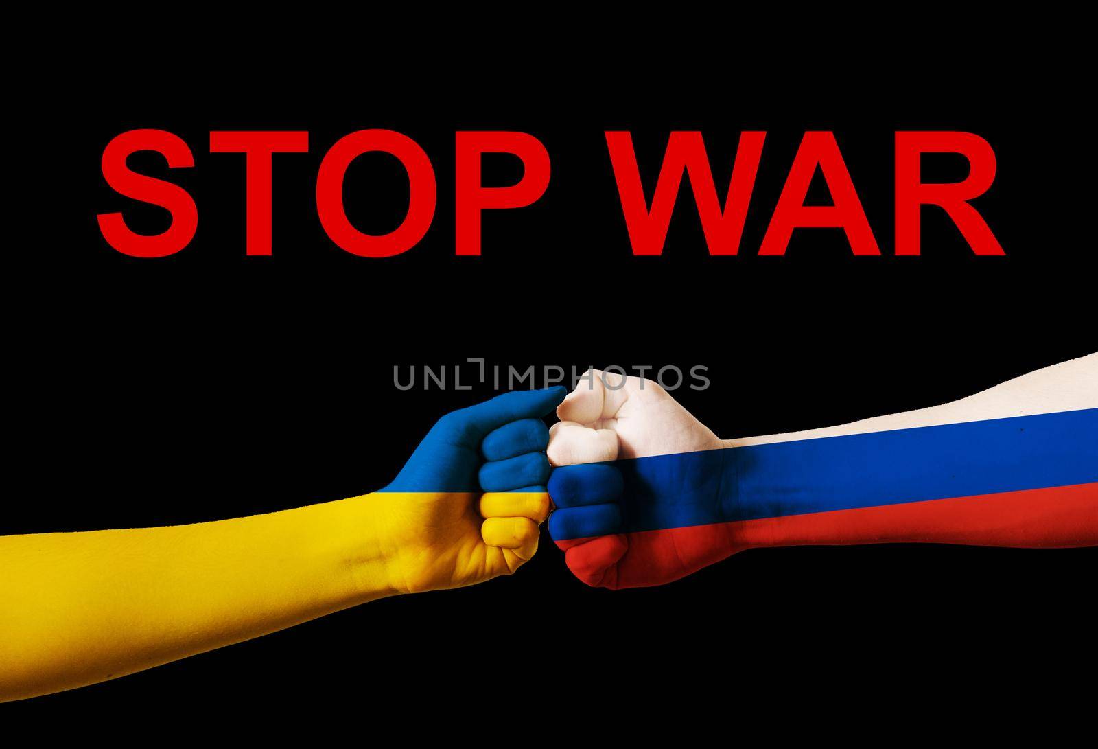 Fist fight flags of Ukraine and russia with text stop war on black background. Putin invasion. by Rabizo