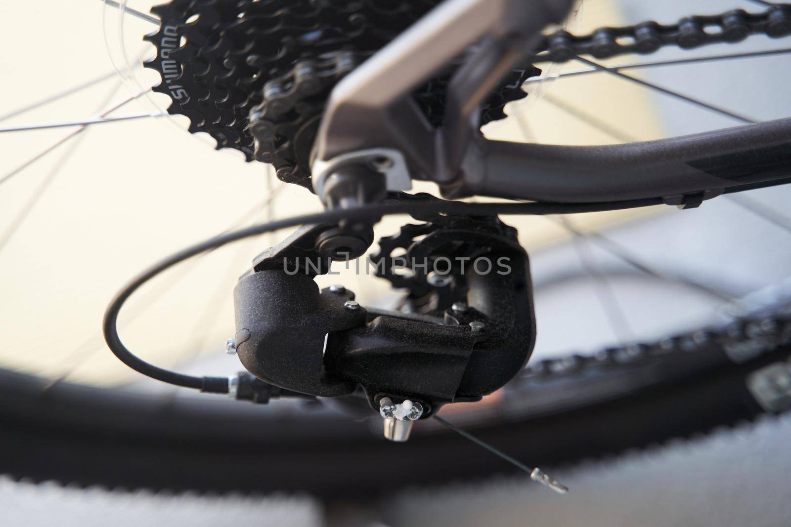 Mountain bike rear derailleur close-up. Rear racing bike cassette on the wheel with chain.