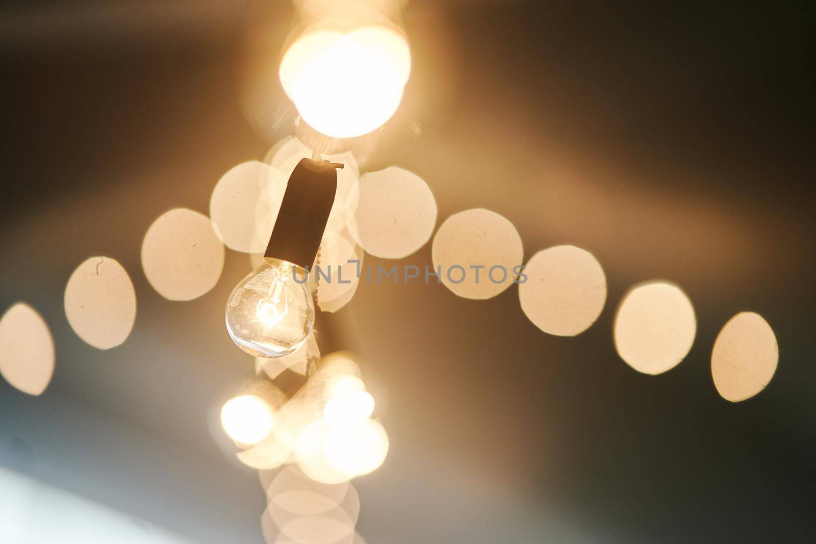 Light bulb decor in an outdoor party. High-quality photo. Wedding decor. Garland of paws.