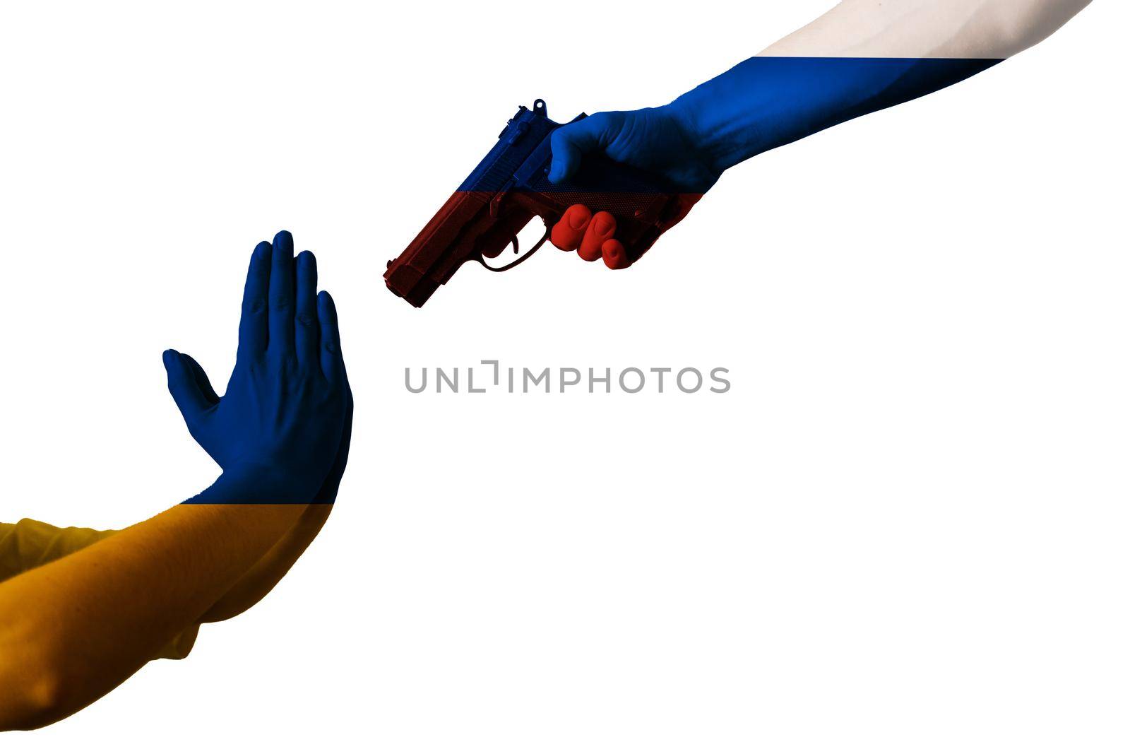 Ukrainian and russian hand flags on white background. Russia fires Ukraine with a gun. by Rabizo