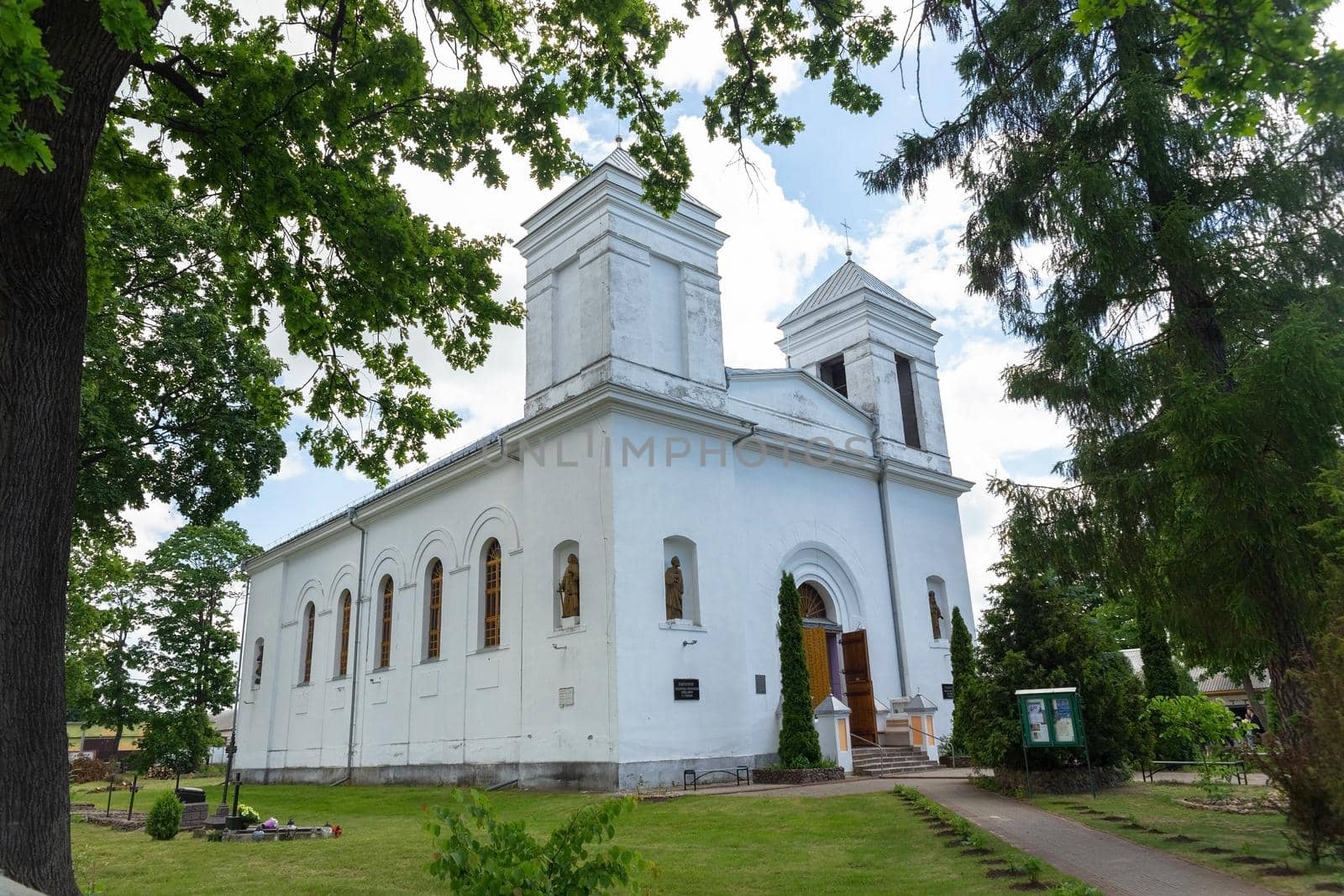 Kobryn, Belarus - June 01, 2019: Front view on Church of the Most Holy Virgin Mary at summer time.