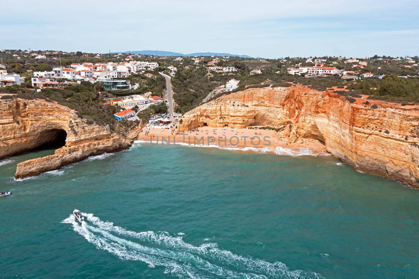 Aerial from the rocky south coast at Benagil in the Algarve Portugal