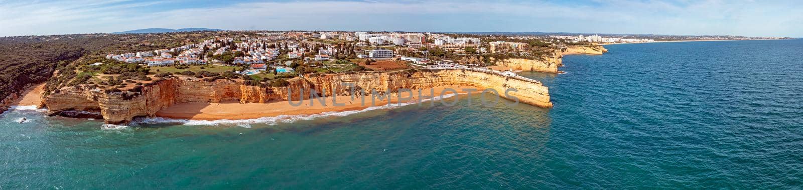 Aerial panorama from the Algarve coastline at Church Senhora de Nossa in Armacao de Pera Portugal