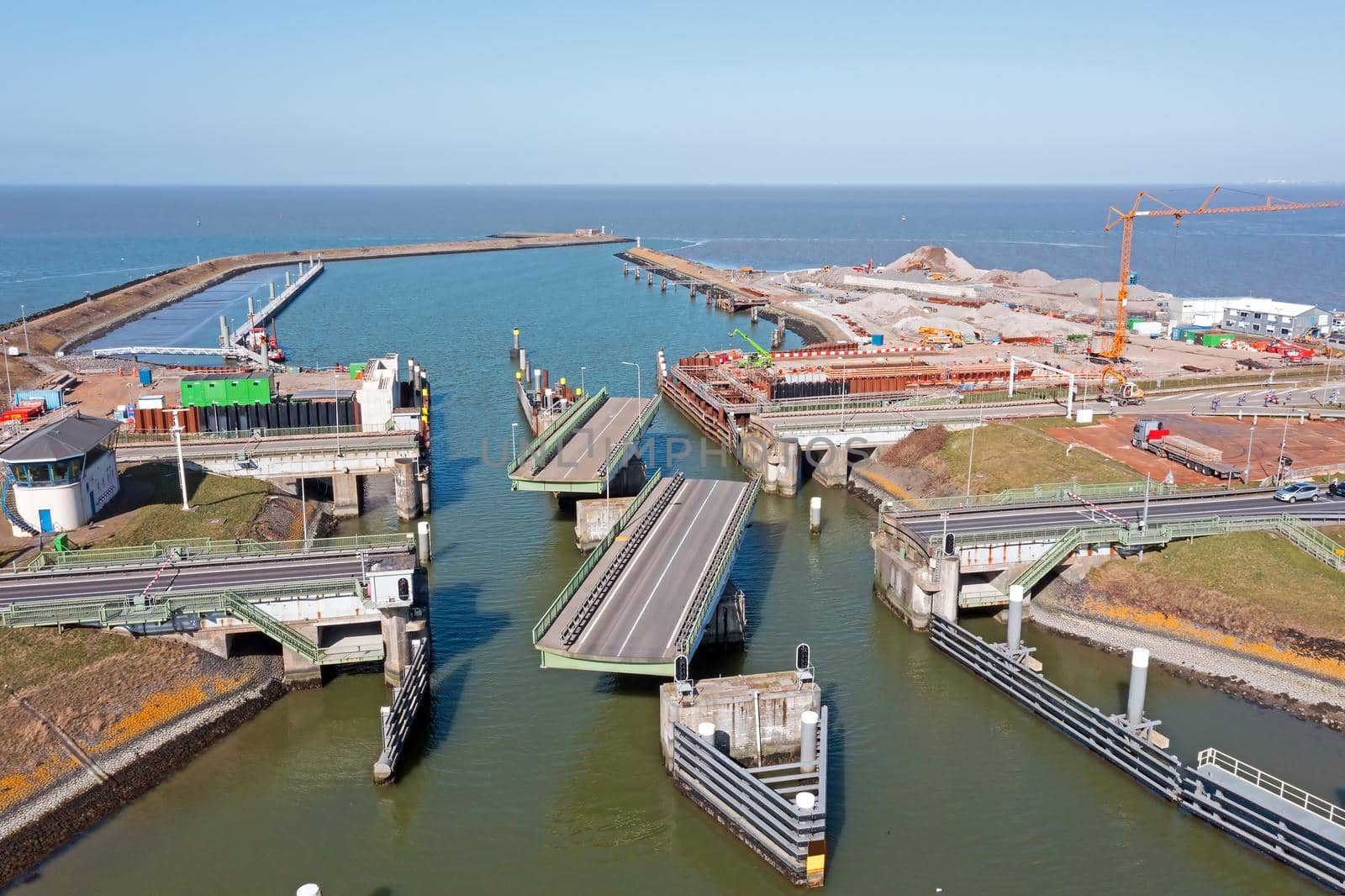 Aerial from a rotating bridge at the Afsluitdijk in the Netherlands by devy