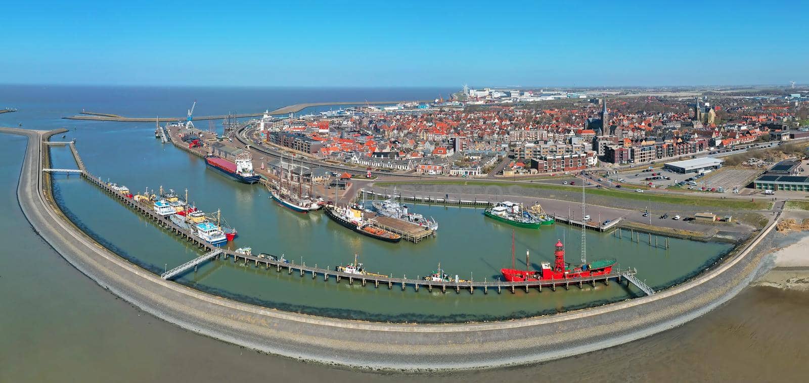 Aerial panorama from the city and harbor from ,, ha,Harlingen in Friesland the Netherlands by devy