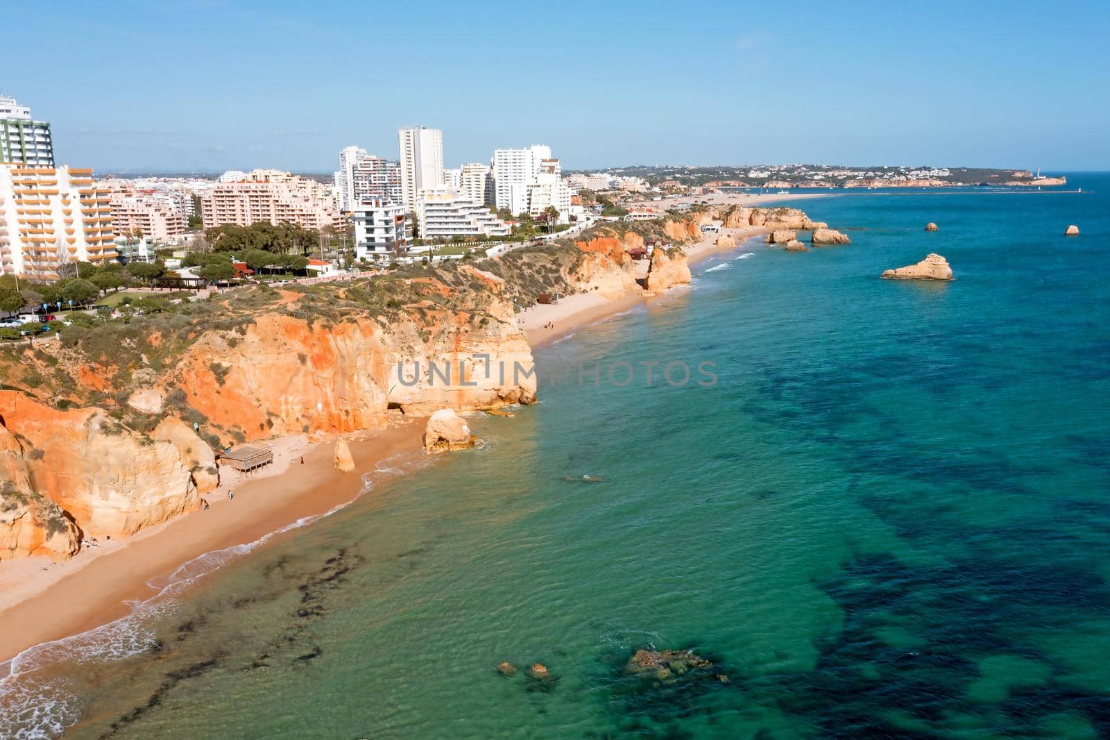 Aerial from praia Da Rocha in Portimao in the Algarve Portugal