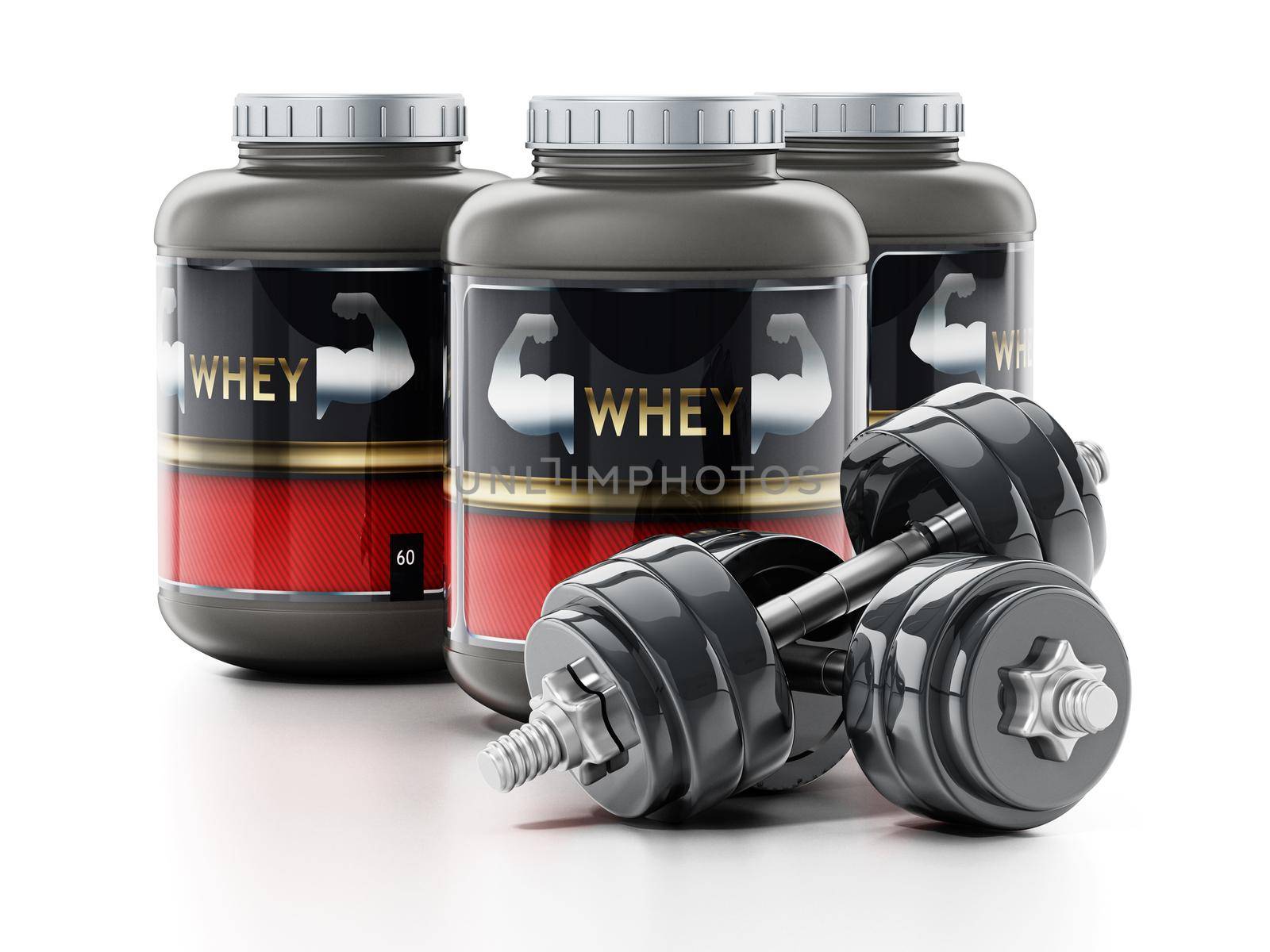 Whey protein powders and dumbells isolated on white background. 3D illustration.