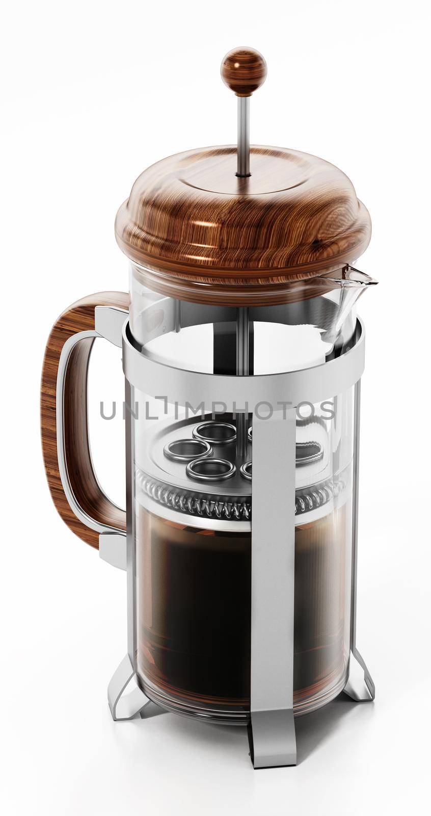Fench press with coffee isolated on white background. 3D illustration by Simsek