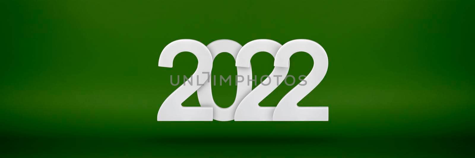 Happy New Year 2022 greeting template. Festive 3d banner with white numbers 2022 on a, green, background. Festive poster or banner design. Happy new year modern background by SERSOL