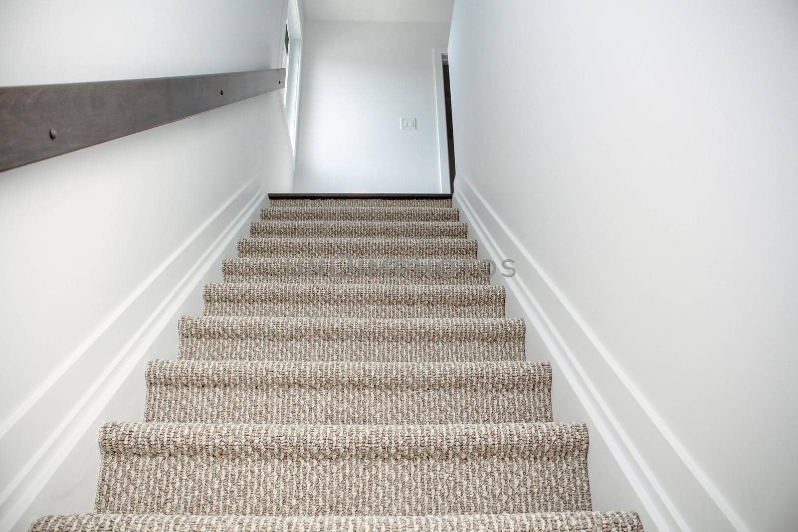 Top view of Staircase in the modern house with brown carpet, walk through ground floor by JuliaDorian