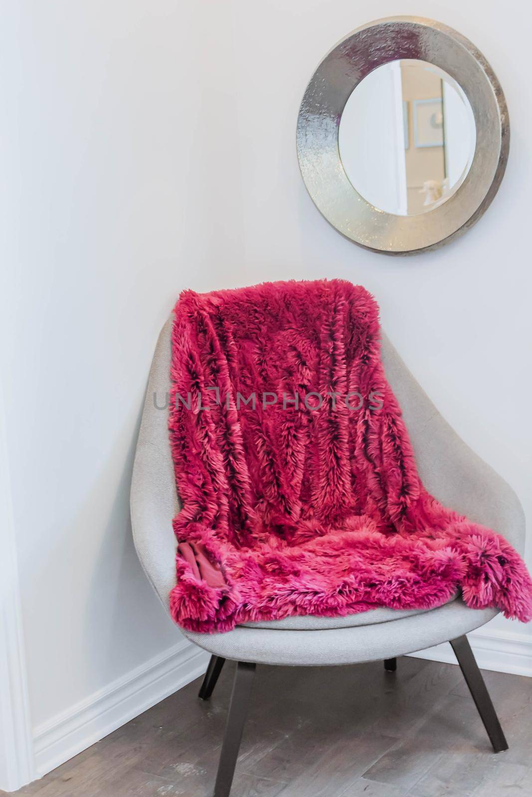 Giant Pink Plaid Blanket Woolen Knitted on White Stool Chair Home Scandinavian Style mirror