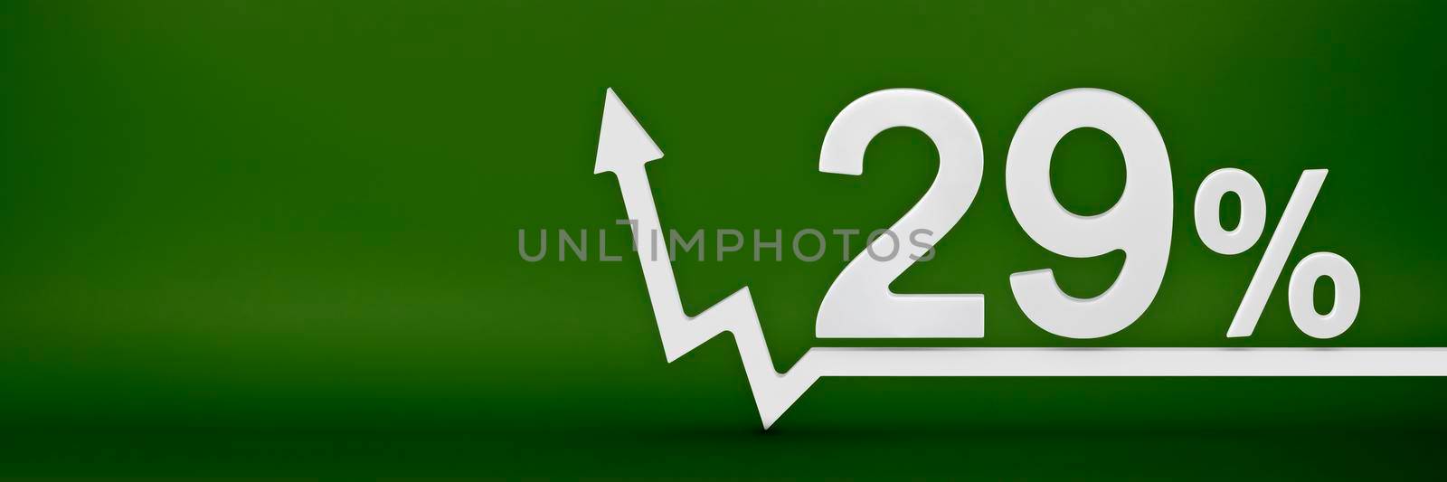 29 percent. The arrow on the graph points up. Rising prices, inflation, increase in income, increase in interest rates, taxes. 3d banner, twenty nine percent sign discount on a green background