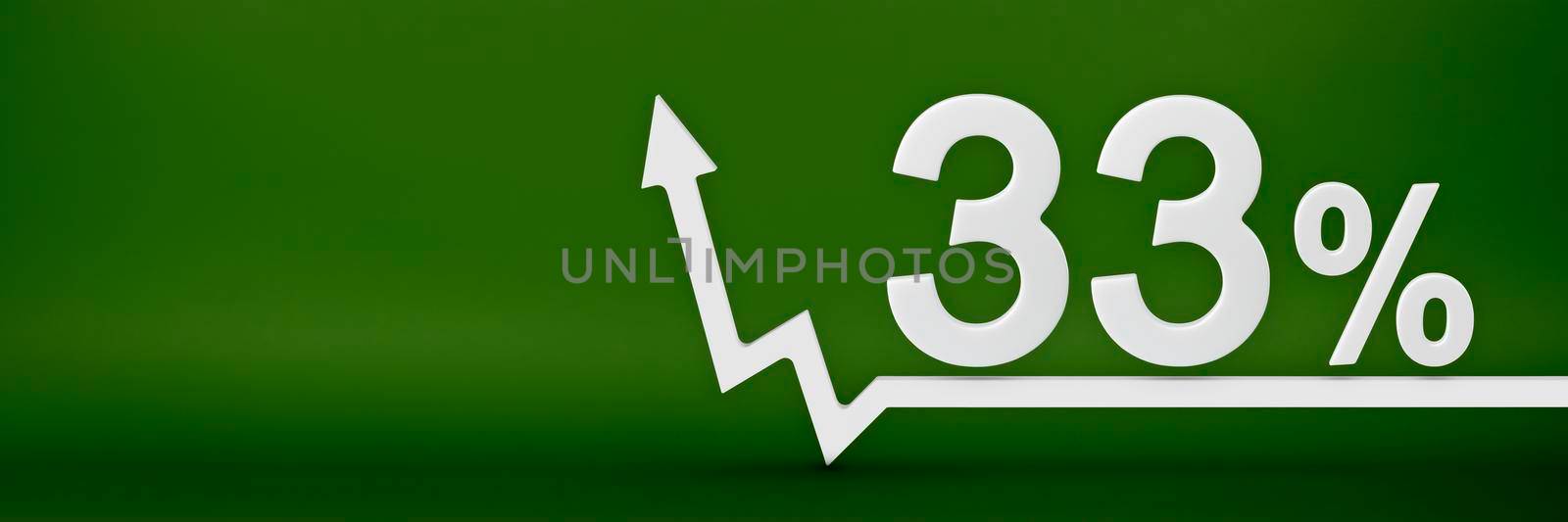 33 percent. The arrow on the graph points up. Rising prices, inflation, increase in income, increase in interest rates, taxes. 3d banner, thirty three percent sign discount on a green background