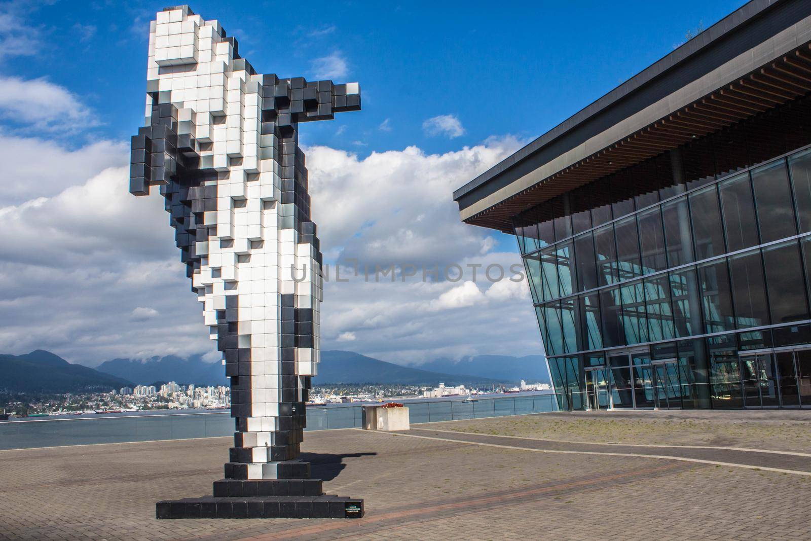Vancouver, British Columbia, Canada September 2, 2020 . The aluminium sculpture Digital Orca of a Orca whale by the artist Douglas Coupland, installed next to Convention Centre in Vancouver.