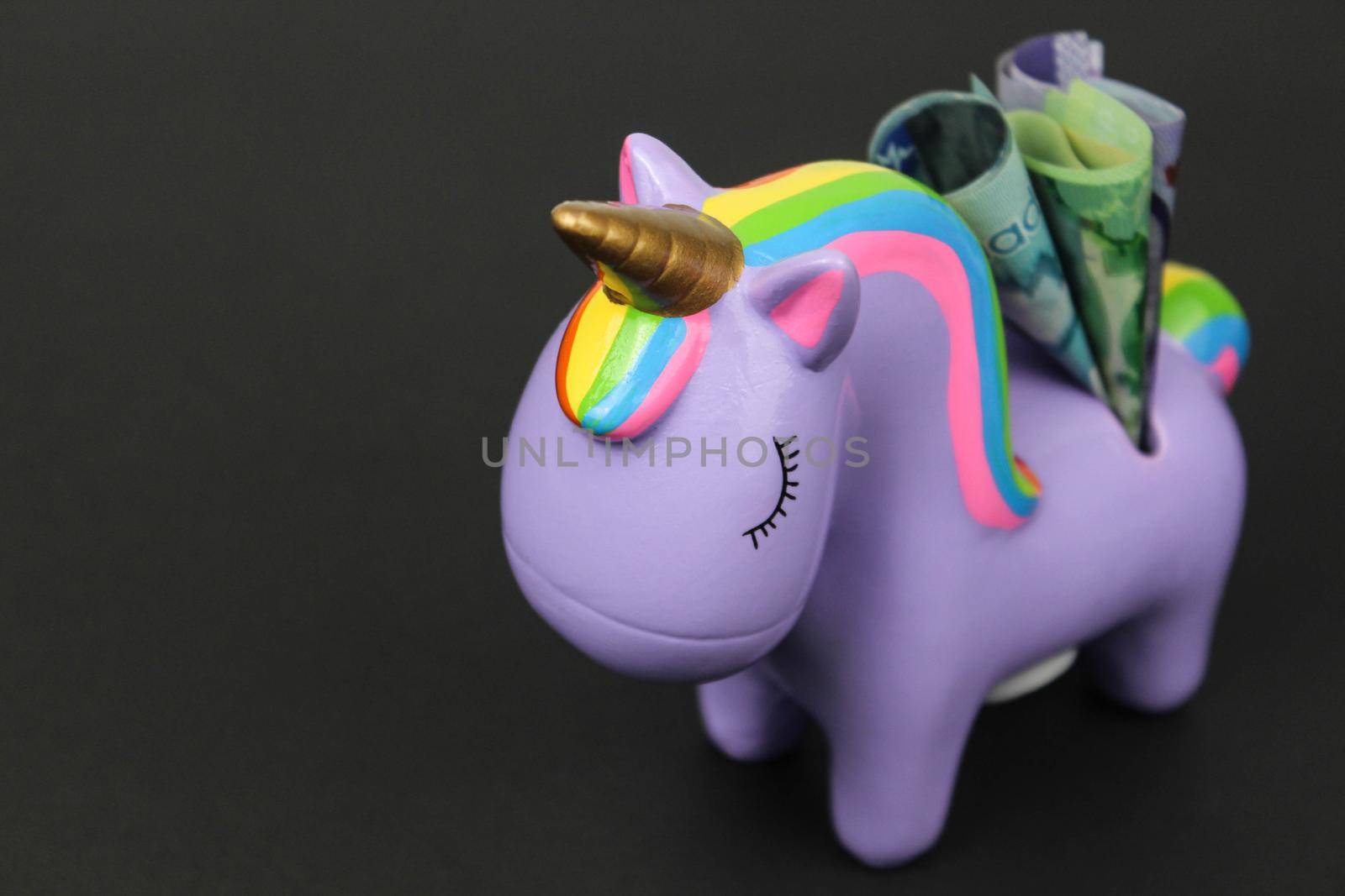 A close up profile of a piggy bank with Canadian bank notes Dollars. Unicorn bank with money on black background.