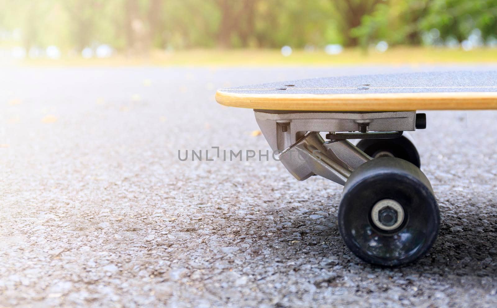 Close up skateboard on morning at park. Head of skateboard and wheel on road at public park. Sport concept.