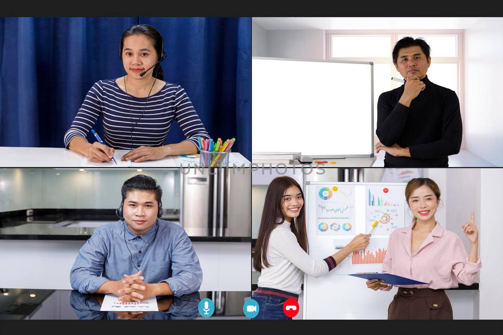 Screen of Businesspeople meeting talk with business colleague via internet shows a graph with the dynamics of economic growth and analysis with team. Covid-19 work from home concept