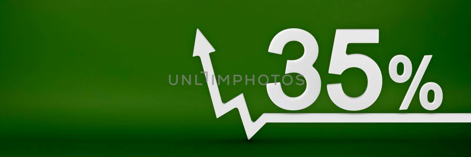 35 percent. The arrow on the graph points up. Rising prices, inflation, increase in income, increase in interest rates, taxes. 3d banner, thirty five percent sign discount on a green background. by SERSOL