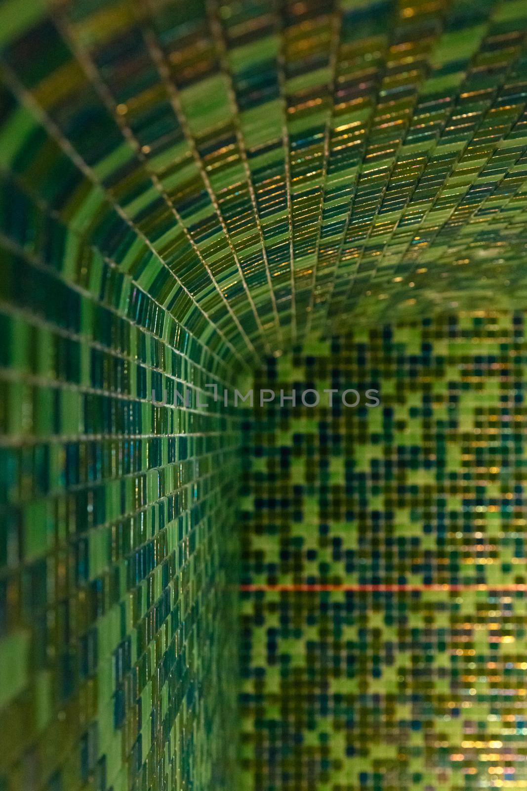 Ceramic tiles, modern green mosaic wall. Stylish mosaic steam spa room, sauna, hammam, interior design