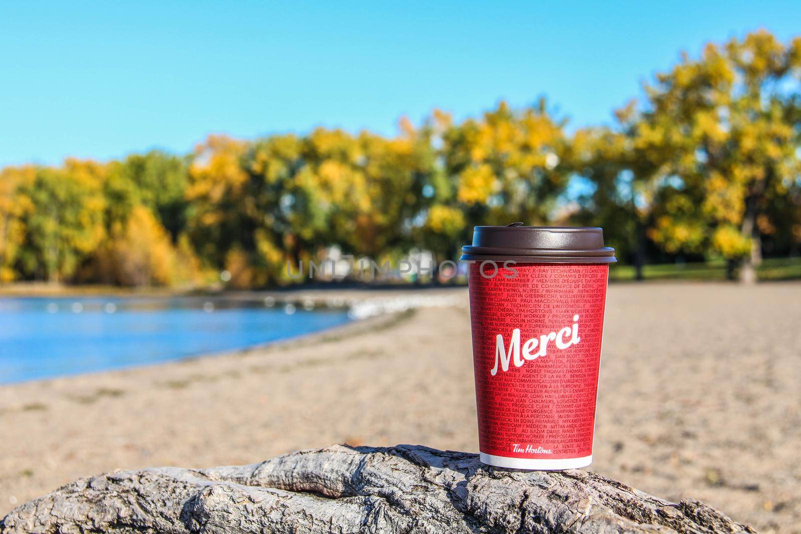 Red Paper Tim Hortons cup of coffee with Merci word on natural morning background. Fresh morning