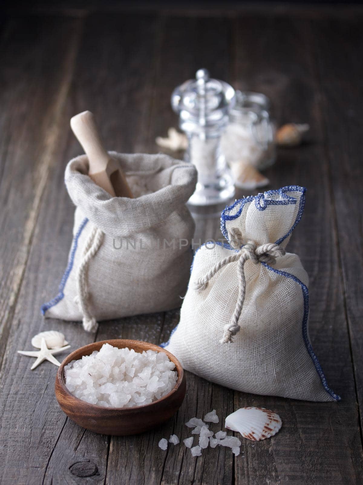 Sea salt crystals with seashells on a dark background