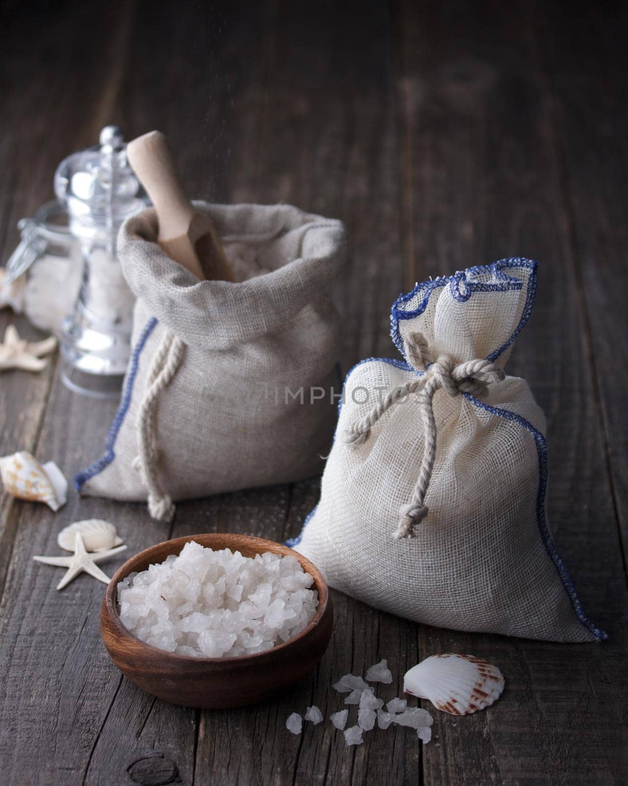 Sea salt crystals with seashells on a dark background