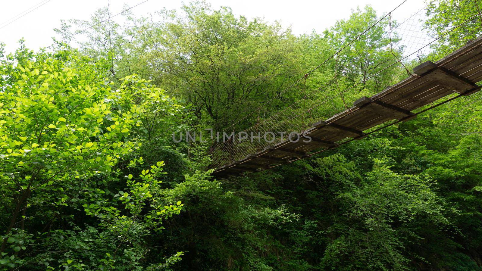 Wooden suspension bridge in the green forest. Berendeyevo Tsarstvo, Sochi, Russia.