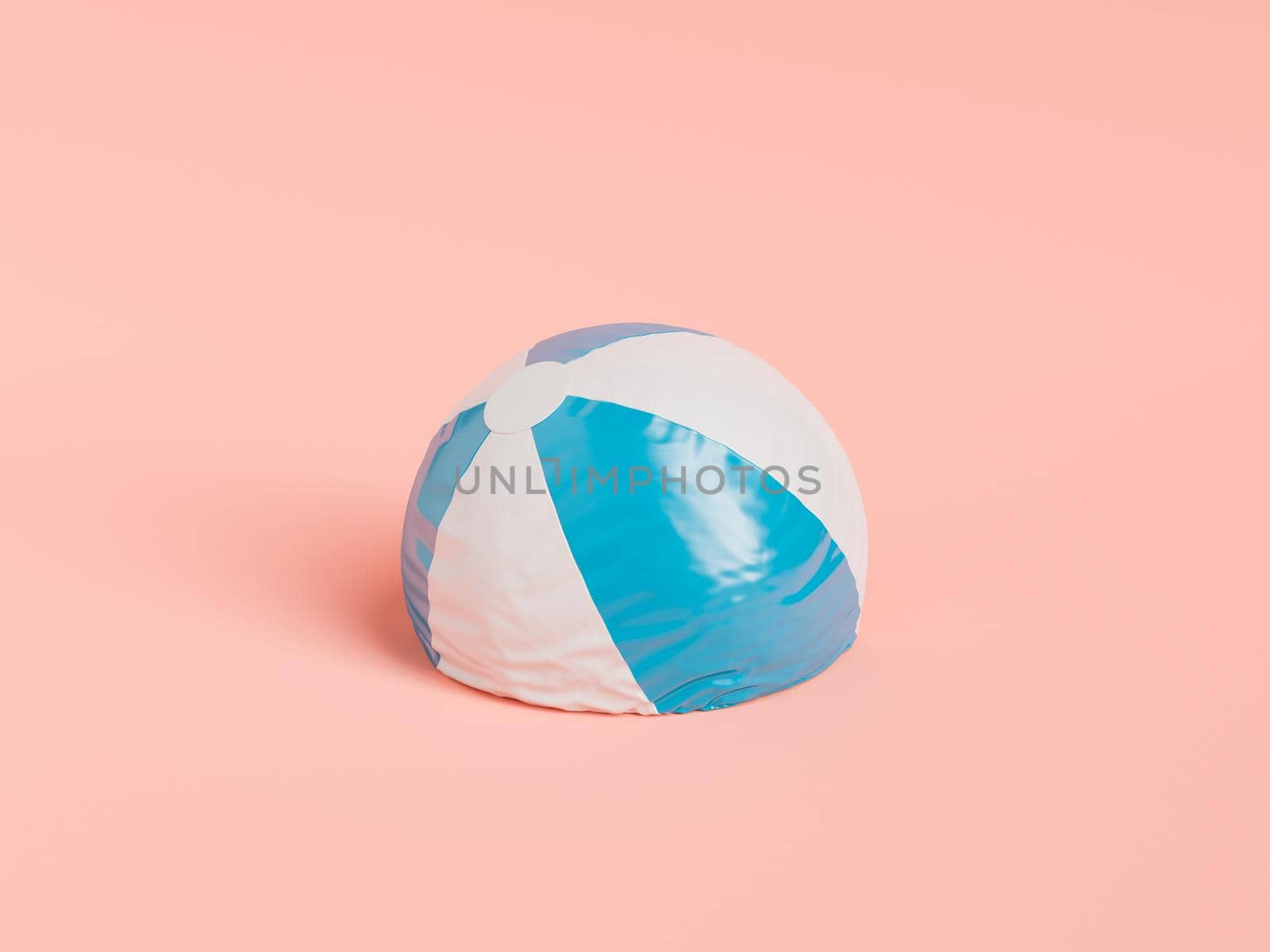 3D illustration of damaged blue and white beach ball placed on pink background during summer vacation