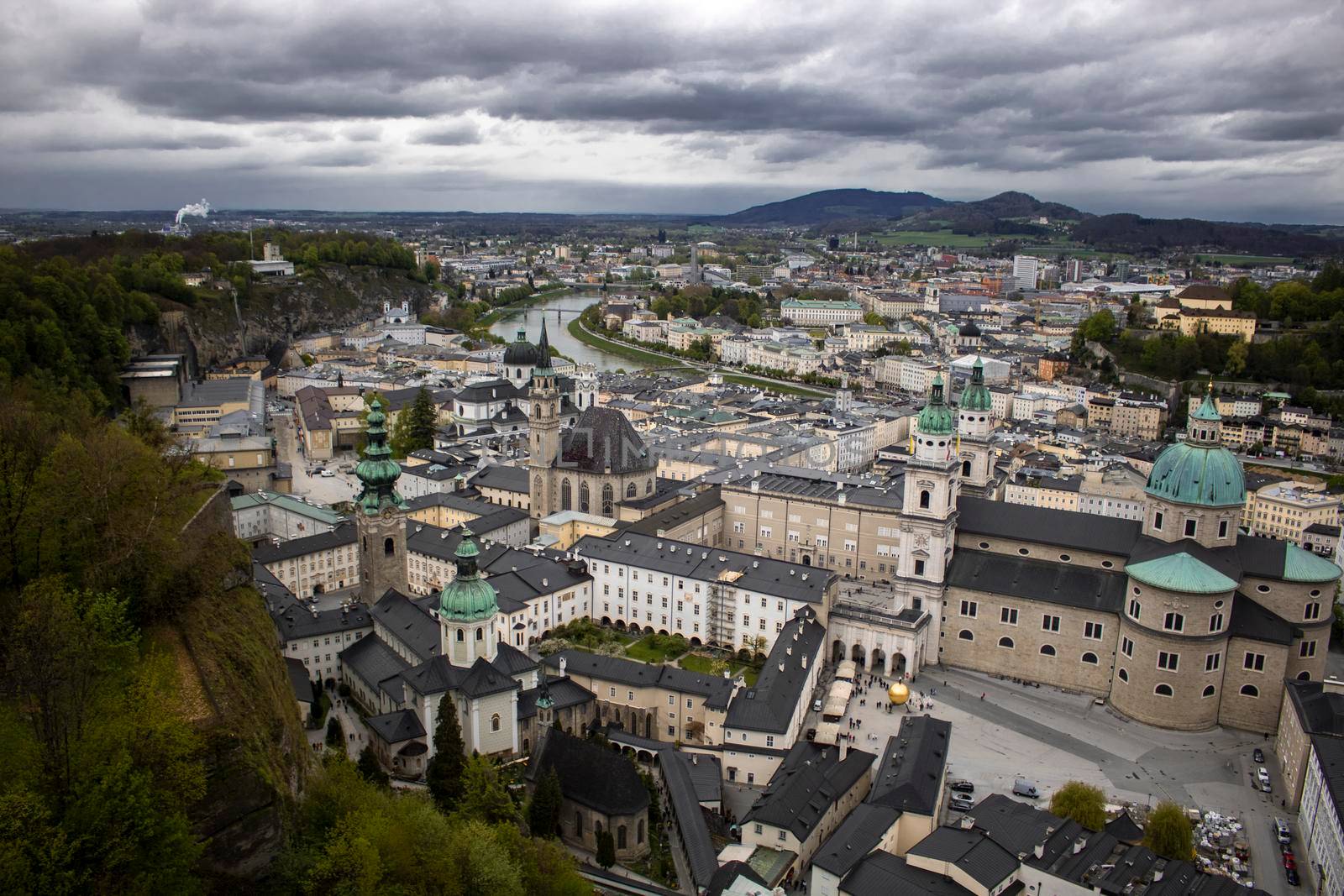 View from above of Salzburg city under a cloudy sky in Austria