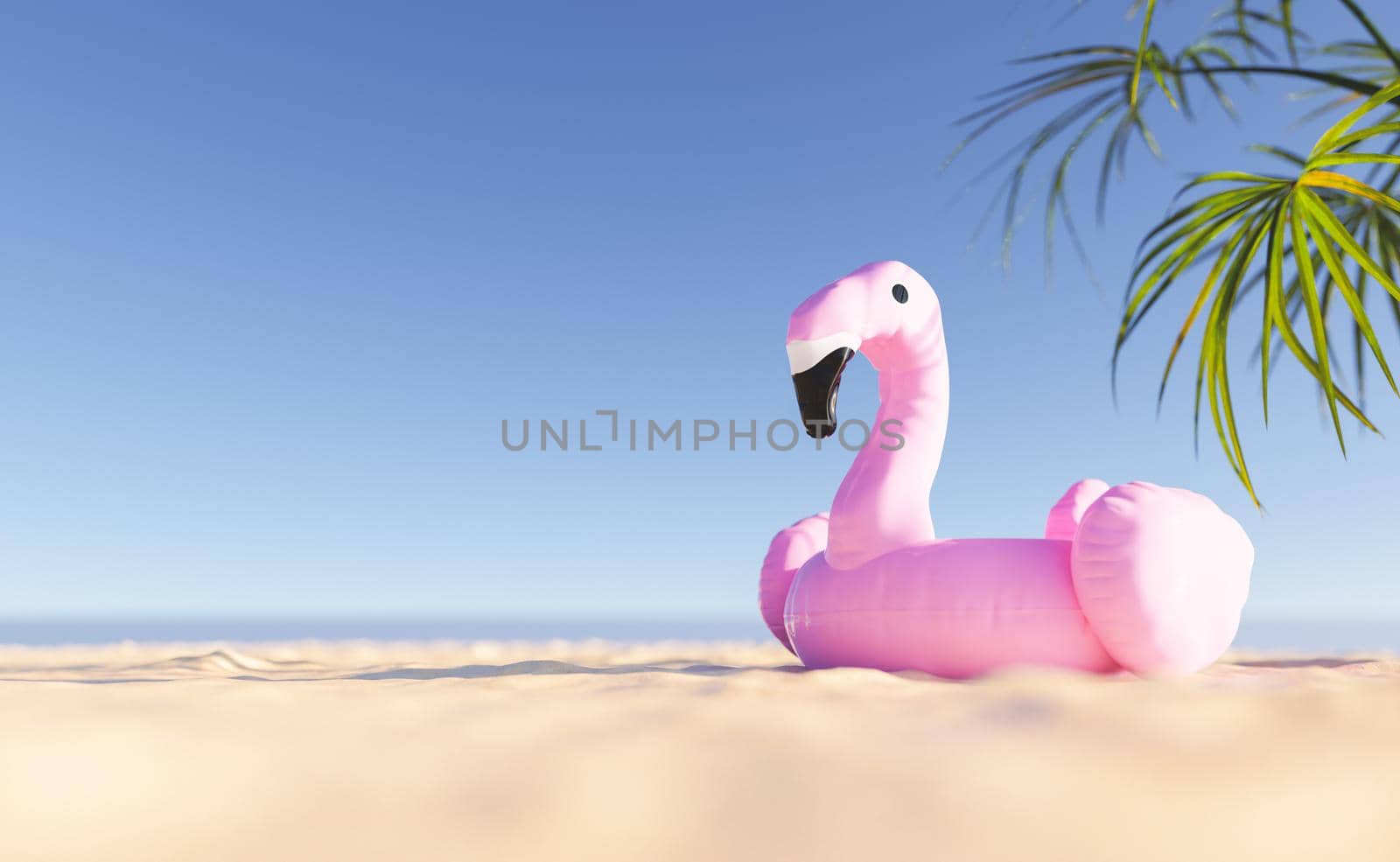 3D illustration of pink flamingo float placed on sandy beach against cloudless blue sky during summer vacation