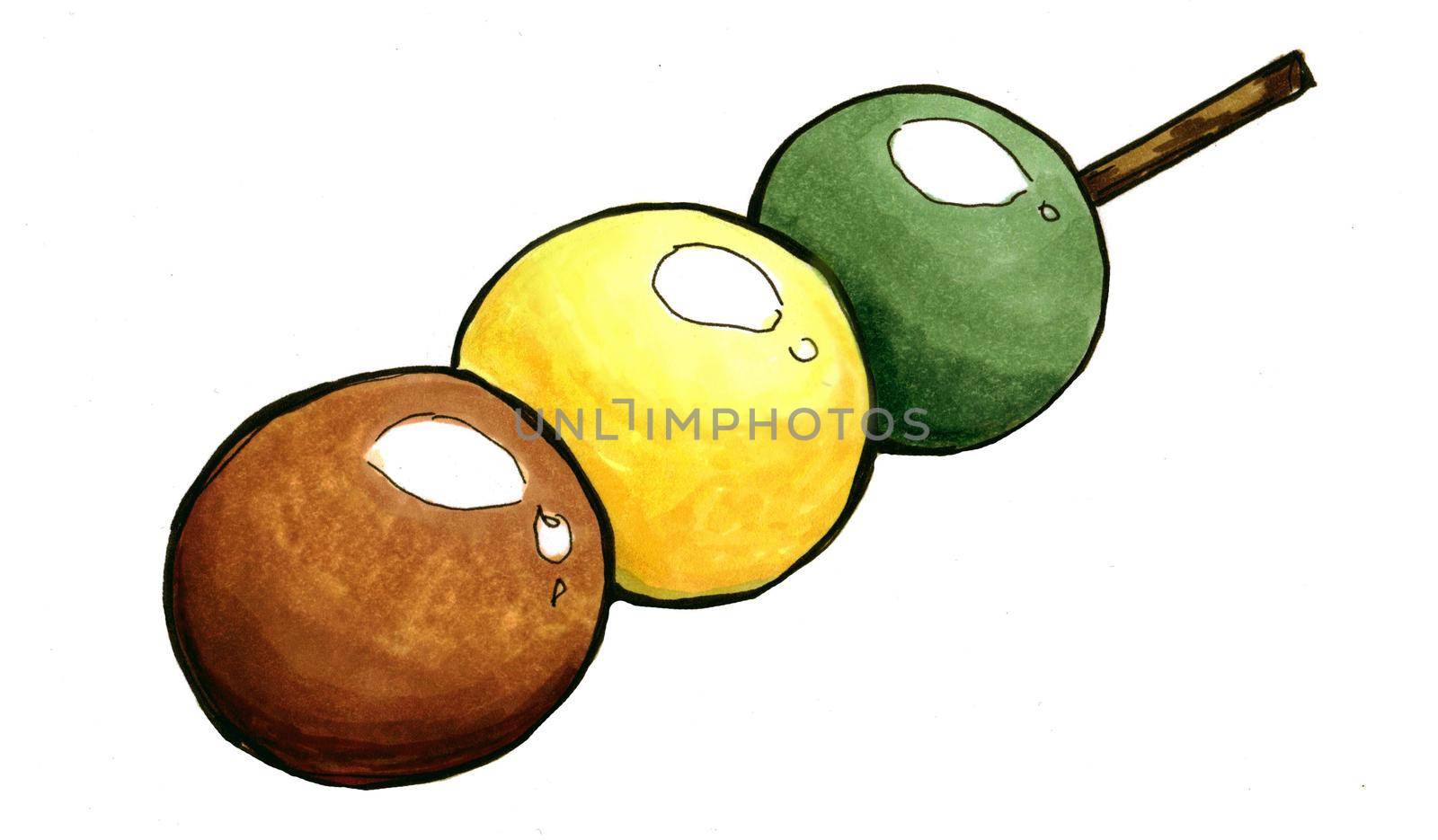 Drawing of Japanese dessert dango on a stick. Three dango balls lie on a white background