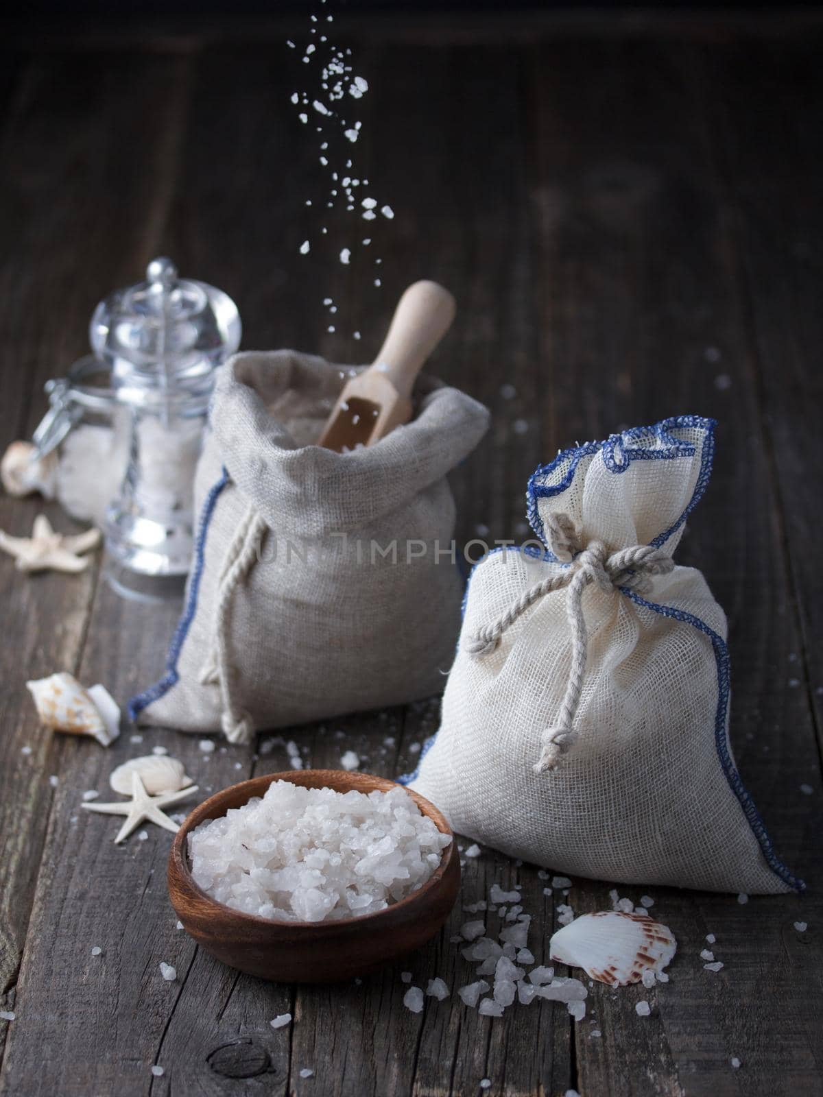 Sea salt crystals with seashells on a dark background