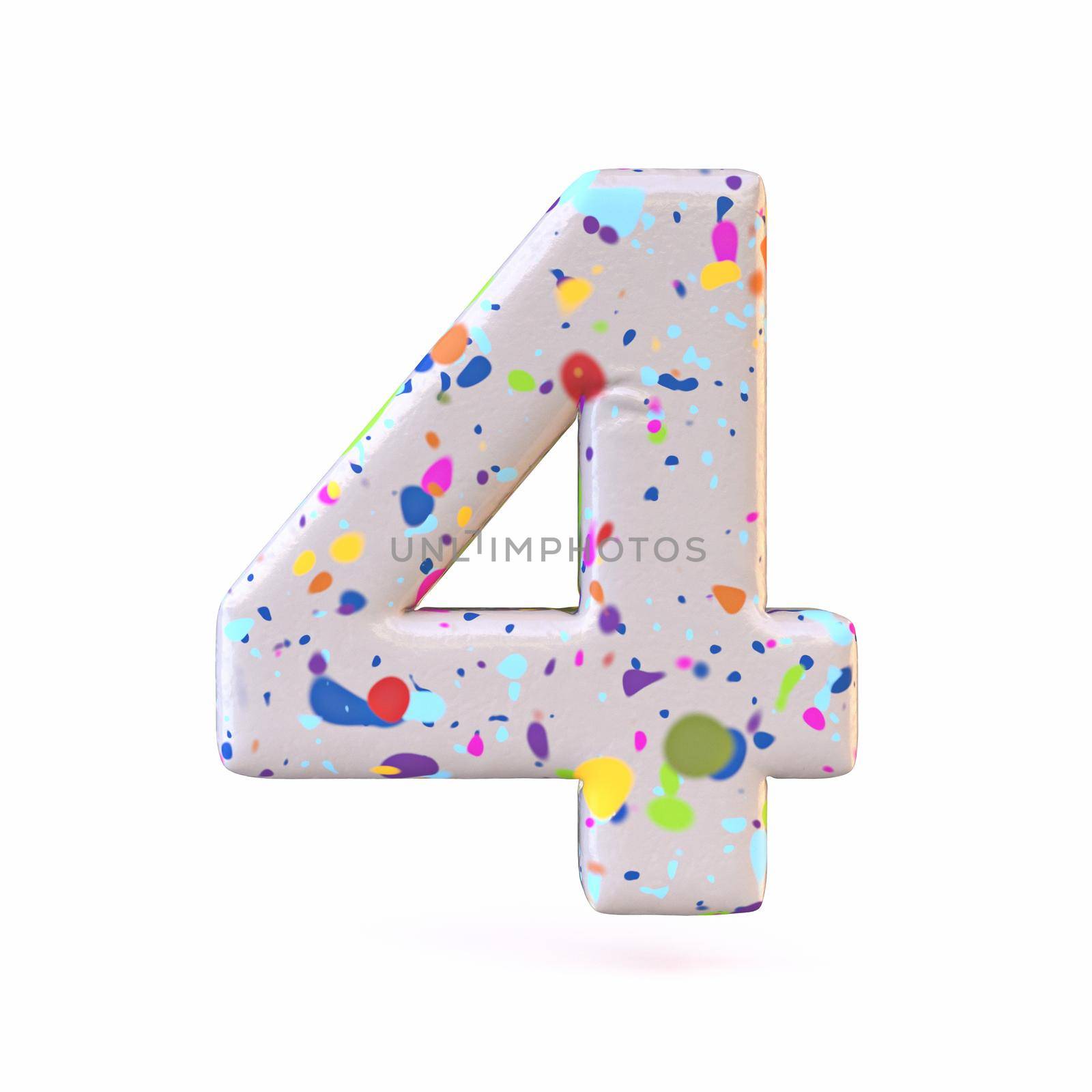 Colorful terrazzo pattern font Number 4 FOUR 3D render illustration isolated on white background