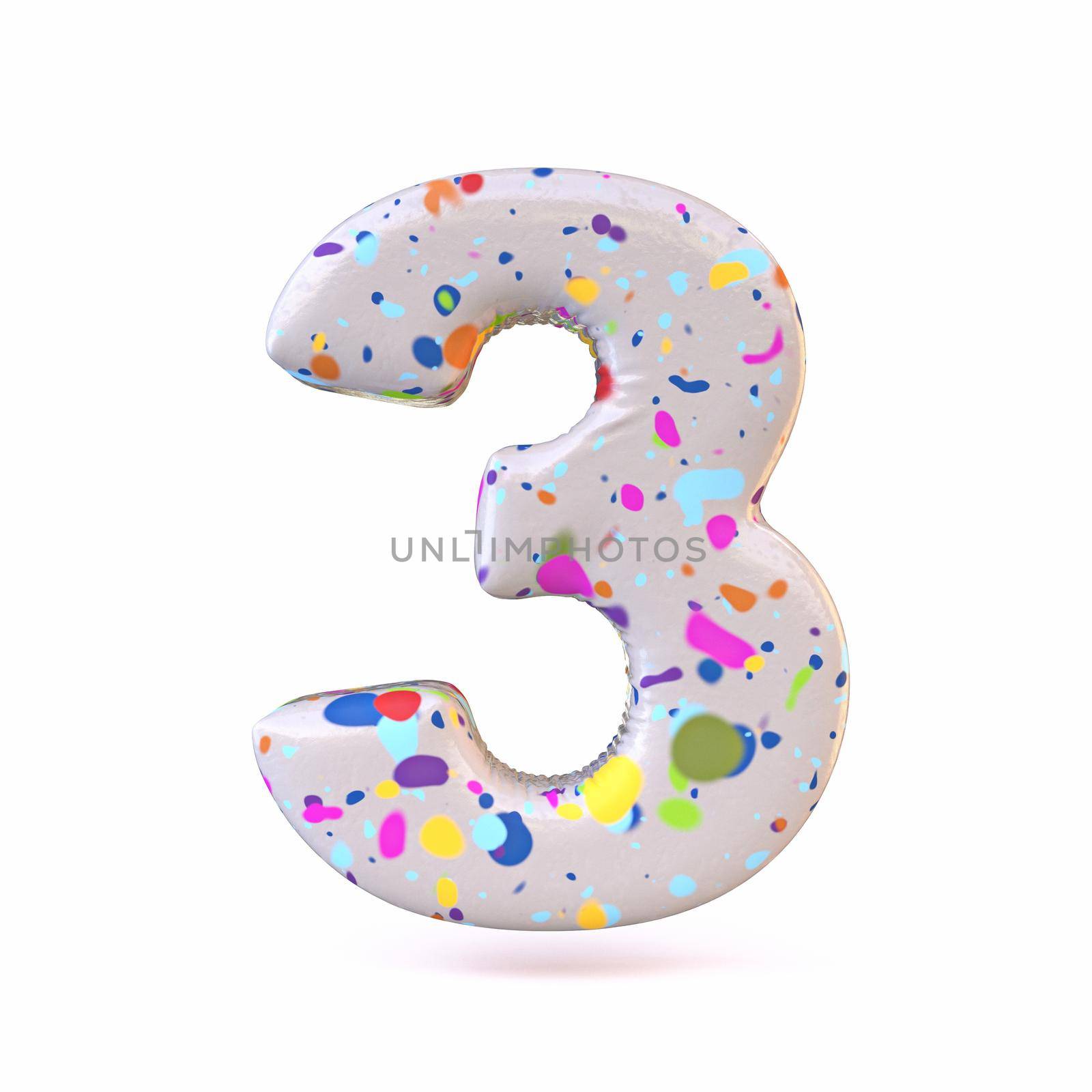 Colorful terrazzo pattern font Number 3 THREE 3D render illustration isolated on white background