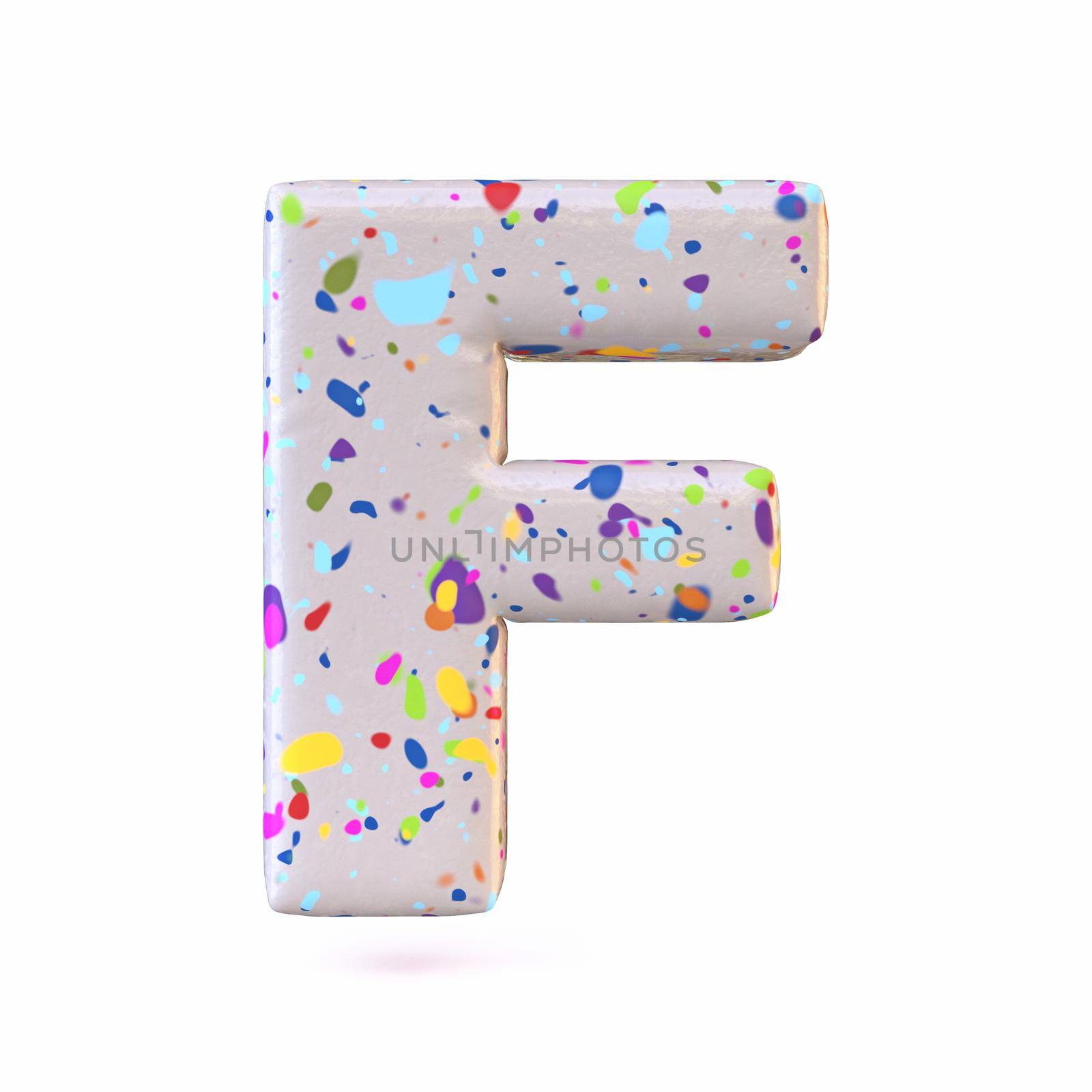 Colorful terrazzo pattern font Letter F 3D render illustration isolated on white background