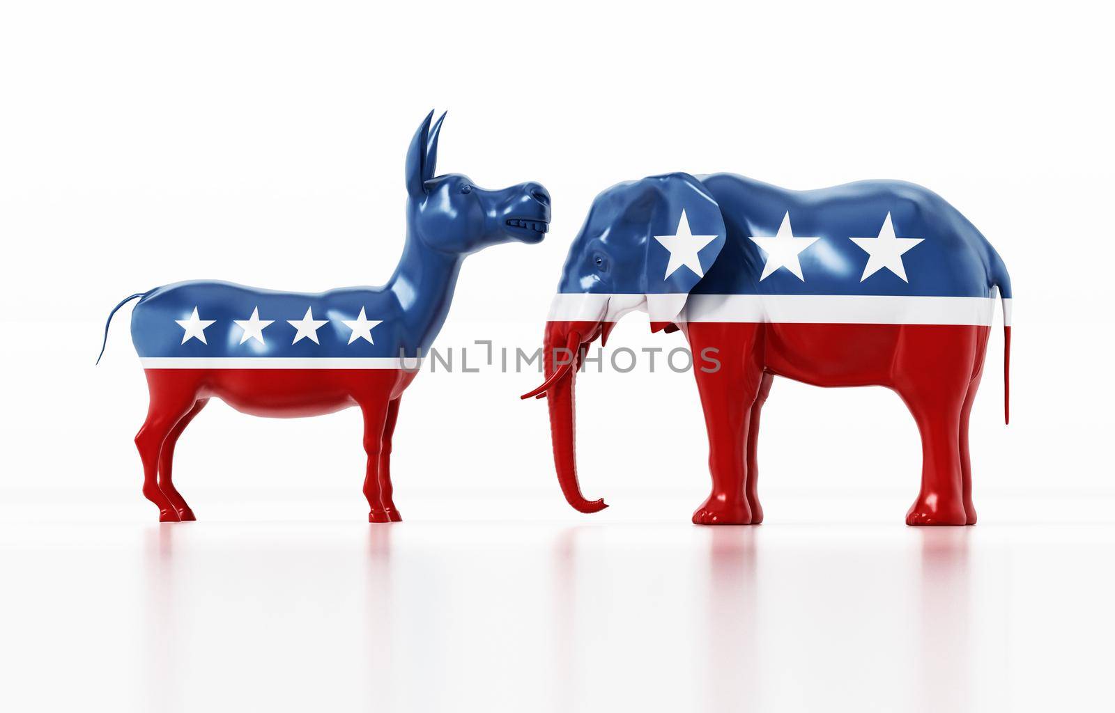 Republican and Democrat party political symbols elephant and donkey. 3D illustration by Simsek