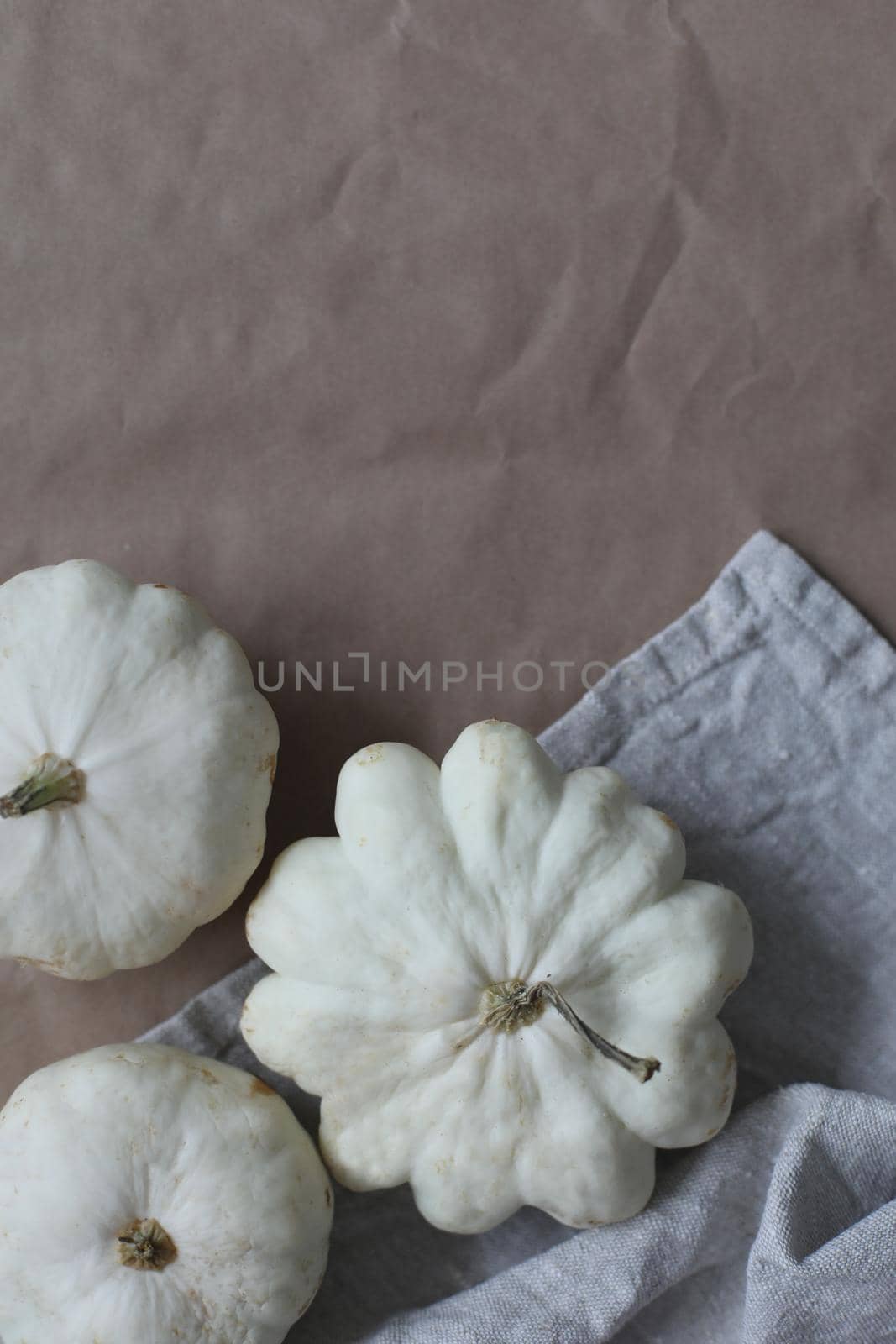 Autumn frame made of white pumpkins and squash on craft paper background. Fall, Halloween, Thanksgiving concept. Top view, copy space.