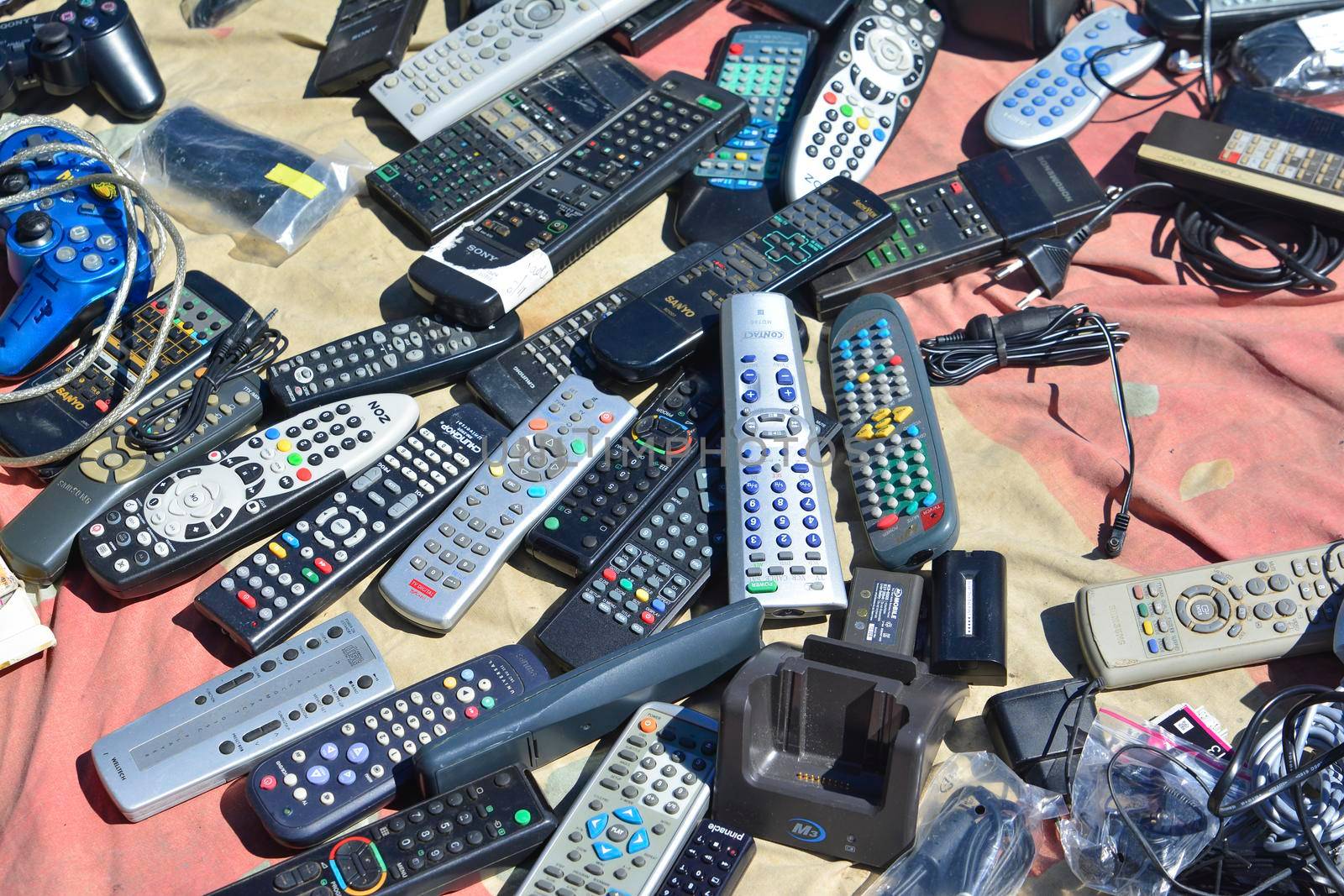 Lisbon, Portugal - August 05, 2017: Many old Remote controls at the flea market