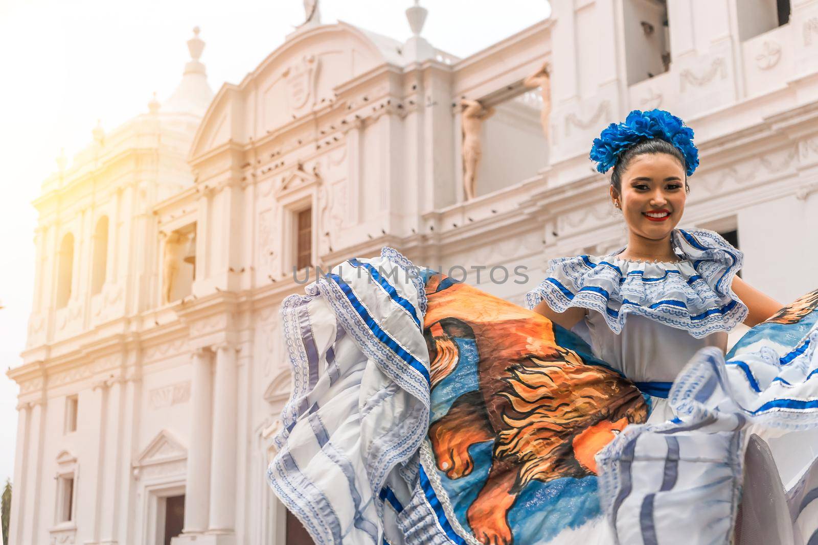 Photo with copy space of a young traditional dancer from Nicaragua wearing the typical costume of the country. Concept of culture, travel and tourism in Latin America
