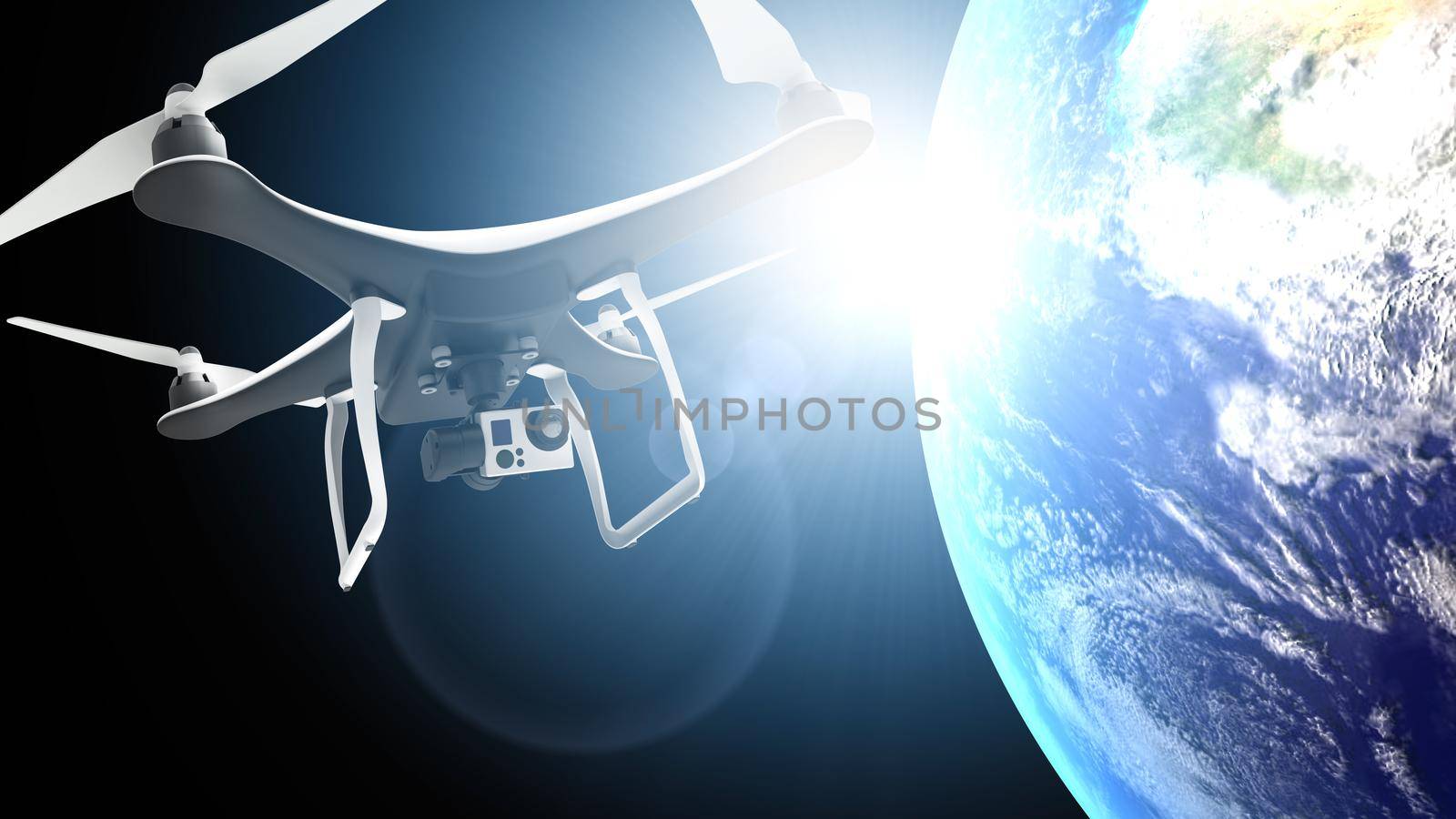 Drone with digital camera flying in the space: 3D rendering