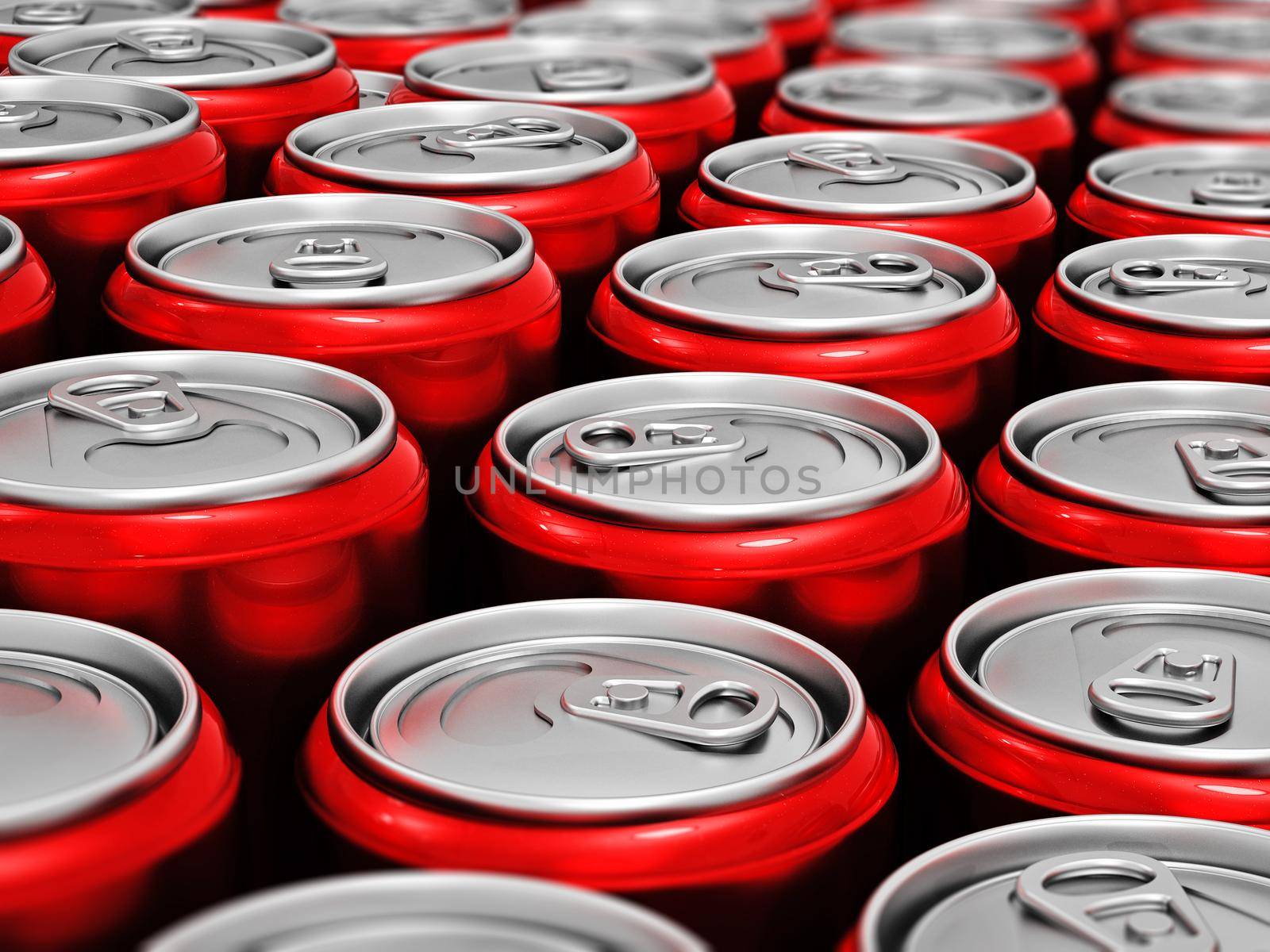 Red cans of soft non alcoholic drinks background. 3D illustration by Simsek