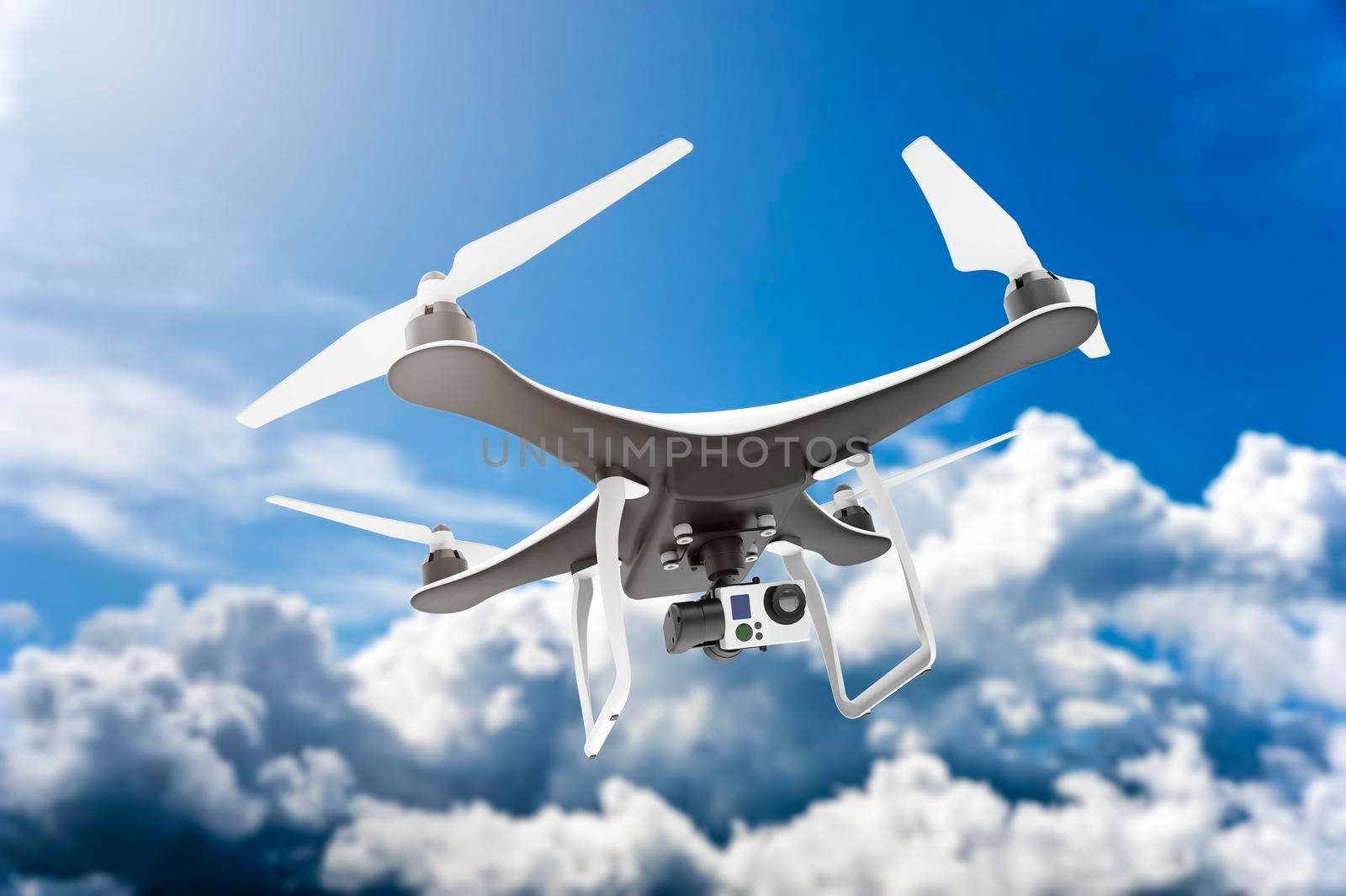 Drone with digital camera flying in a blue cloudy sky: 3D rendering