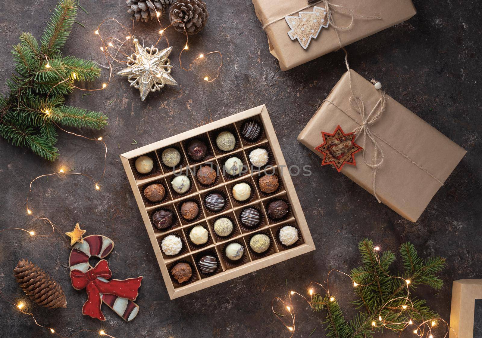 Round candies with chocolate top view