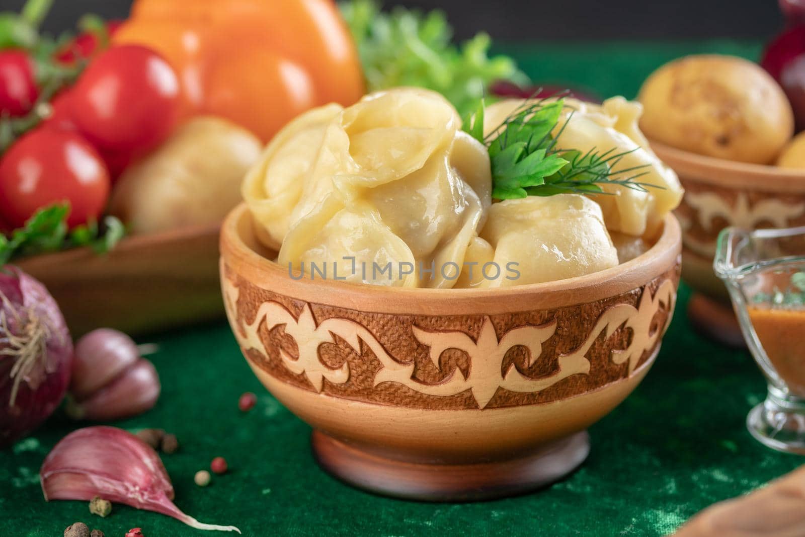 Oriental national traditional dumplings Manty horizontal